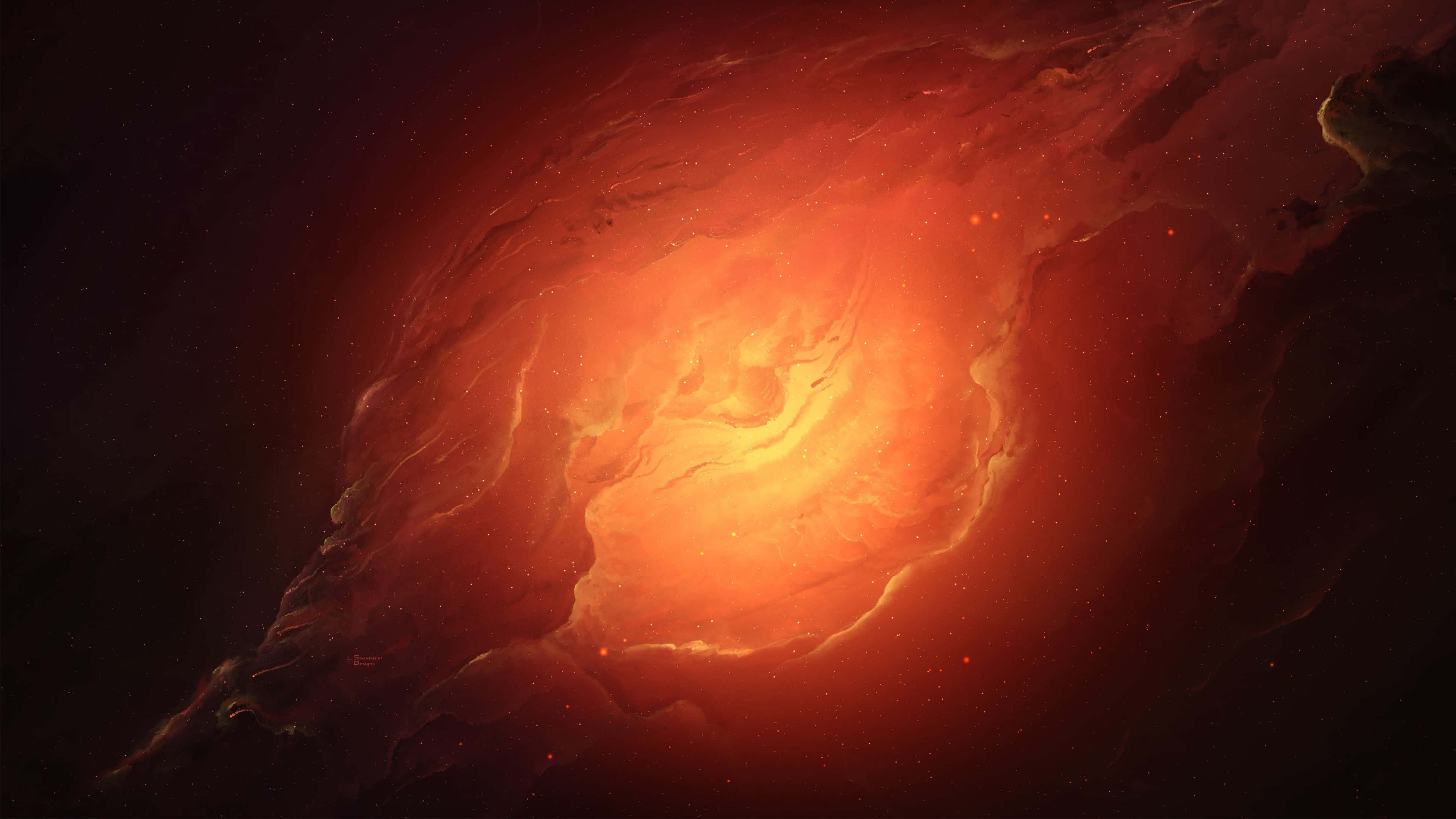 Cosmic 4K 桌布 壁紙 — 一個旋轉的宇宙星雲，在佈滿星星的虛空中散發出火熱的橙色和深紅色調。