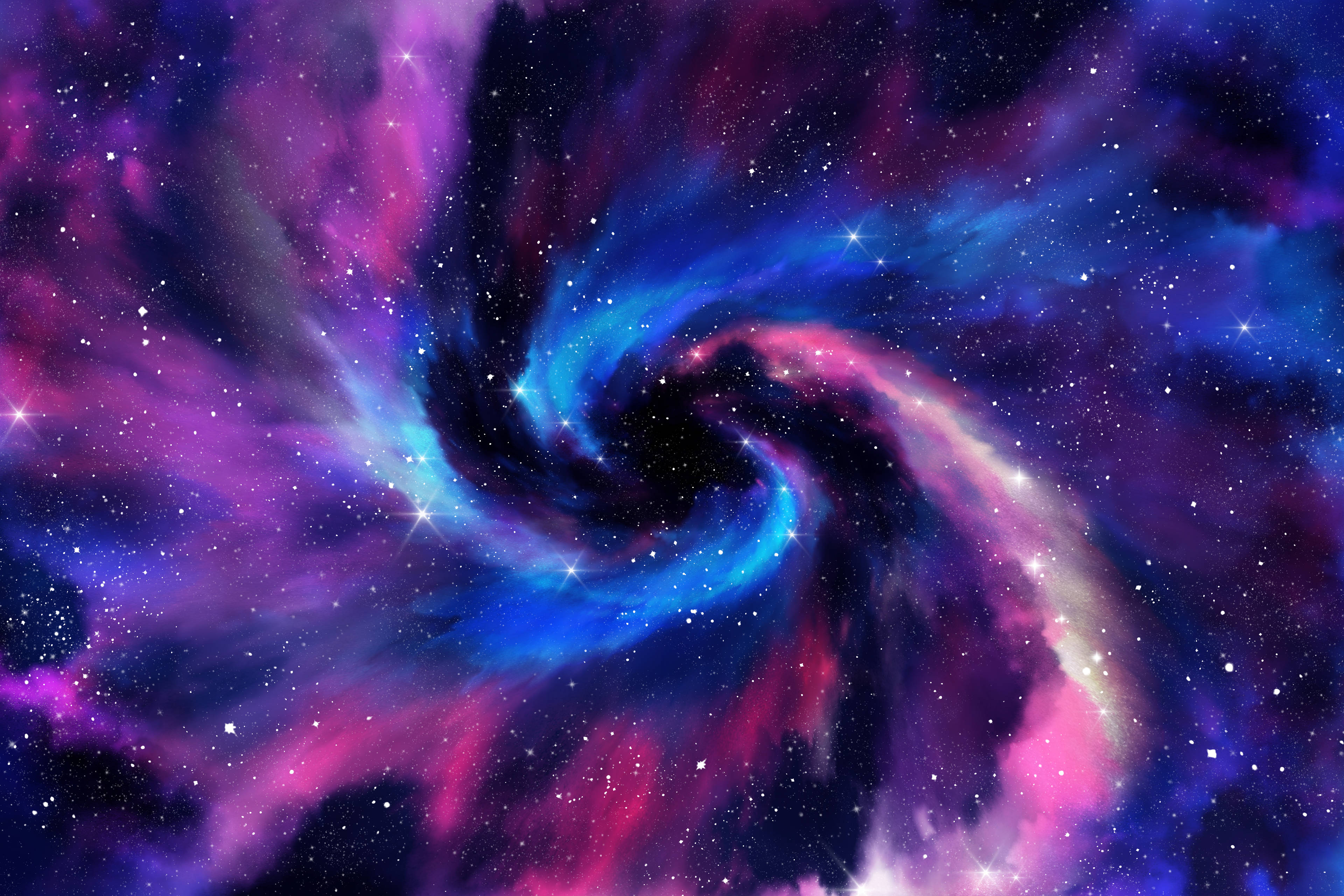 宇宙美學 桌布 壁紙 — 一個旋轉的宇宙星雲，帶有充滿活力的藍色和粉紅色雲彩，以及閃爍的星星，背景是黑暗的虛空。