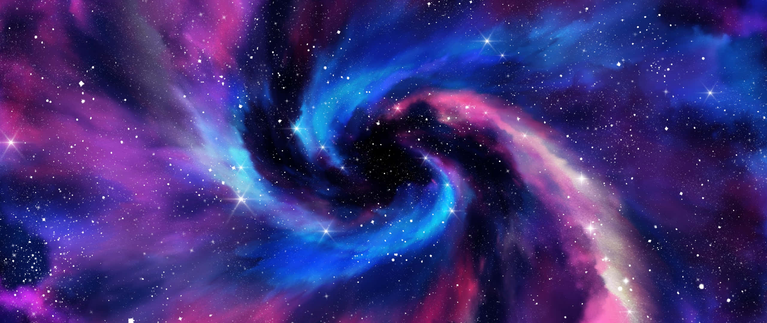 Beautiful Galaxy 桌布 壁紙 — 一個旋轉的宇宙星雲，帶有鮮豔的藍色和紫色雲層，以及閃爍的星星，背景是黑暗的虛空。