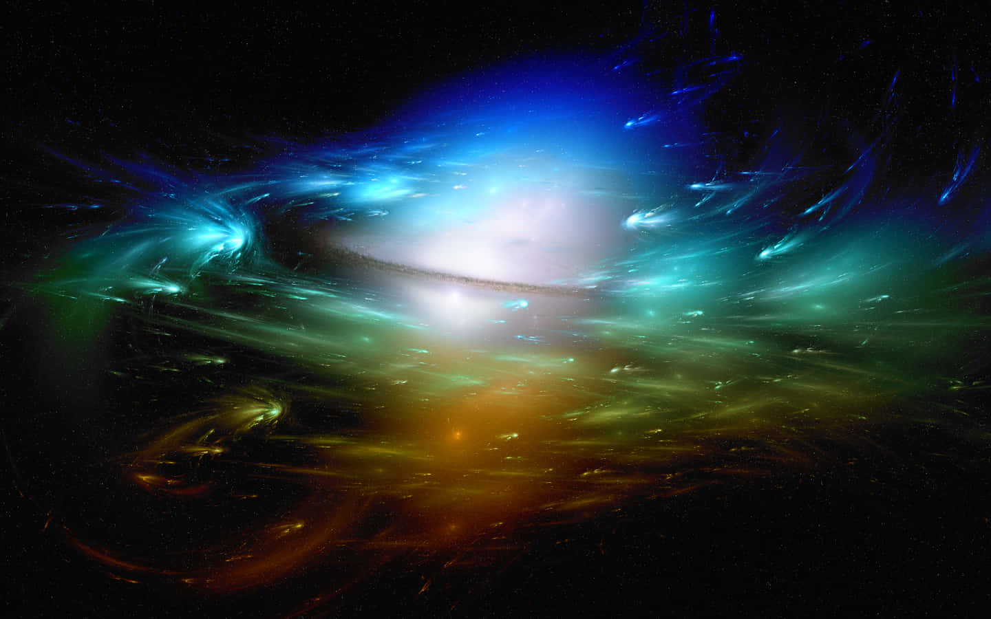 科幻 桌布 壁紙 — 一個旋轉的宇宙星雲，帶有鮮豔的藍色、綠色和橙色色調，在佈滿星星的黑色虛空中發光。