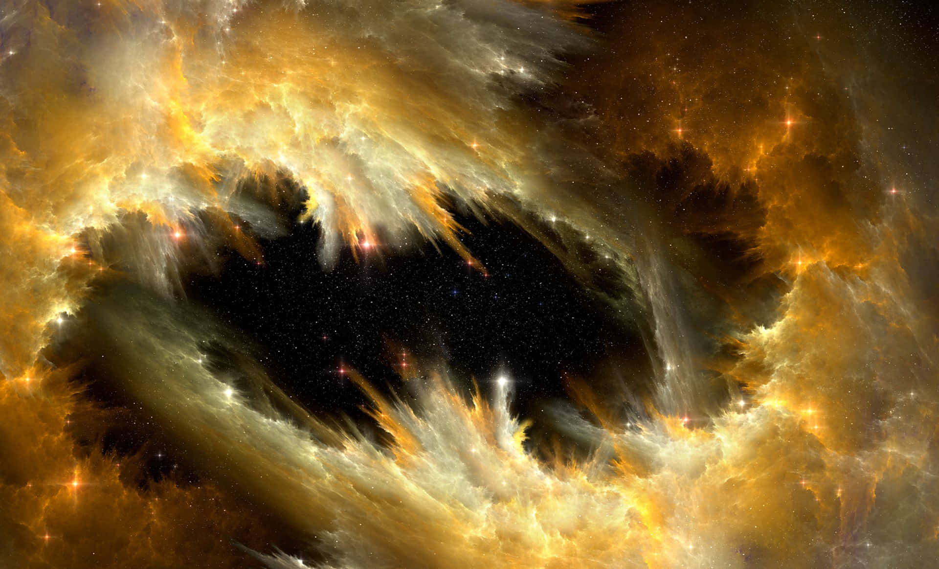 Yellow Galaxy 桌布 壁紙 — 一個旋轉的宇宙星雲，金色橙色雲朵和明亮星星環繞著一個黑暗的中心虛空。