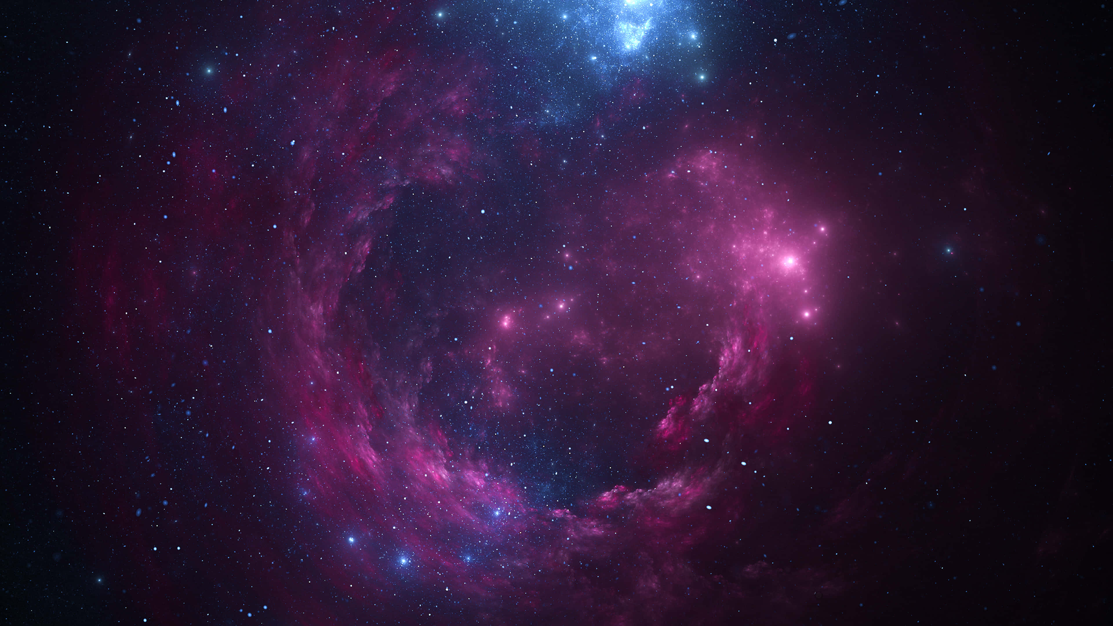 4K 太空 桌布 壁紙 — 一個旋轉的宇宙星雲在佈滿星星的虛空中發出鮮豔的洋紅色和電光藍色光芒。
