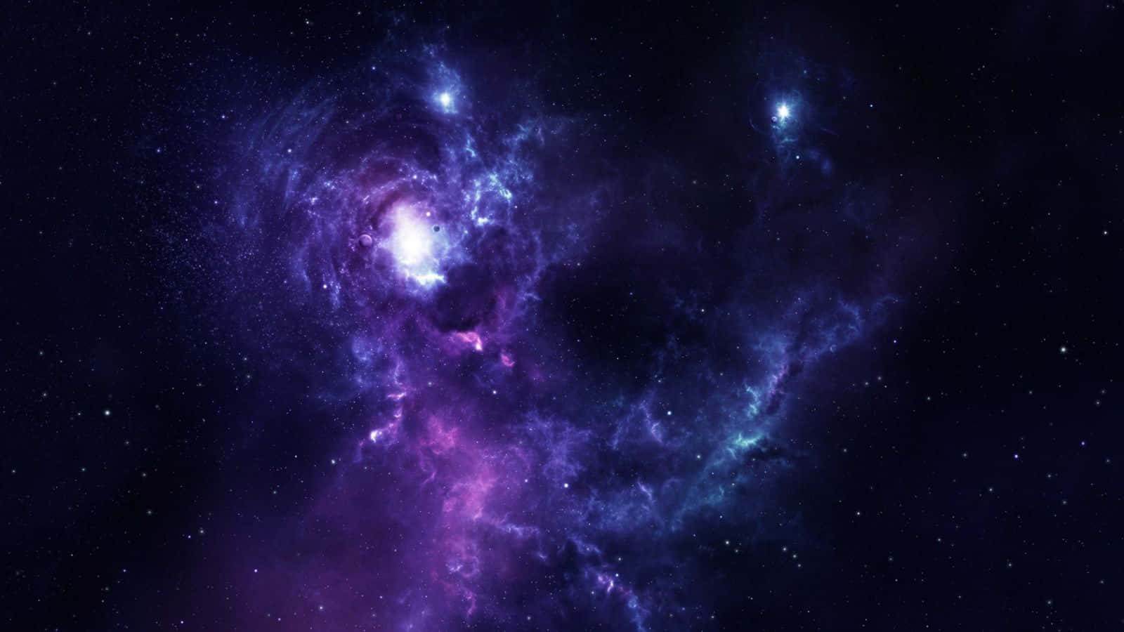 Purple Space 桌布 壁紙 — 一個旋轉的宇宙星雲在佈滿星星的黑色虛空中散發出充滿活力的紫色和藍色色調。