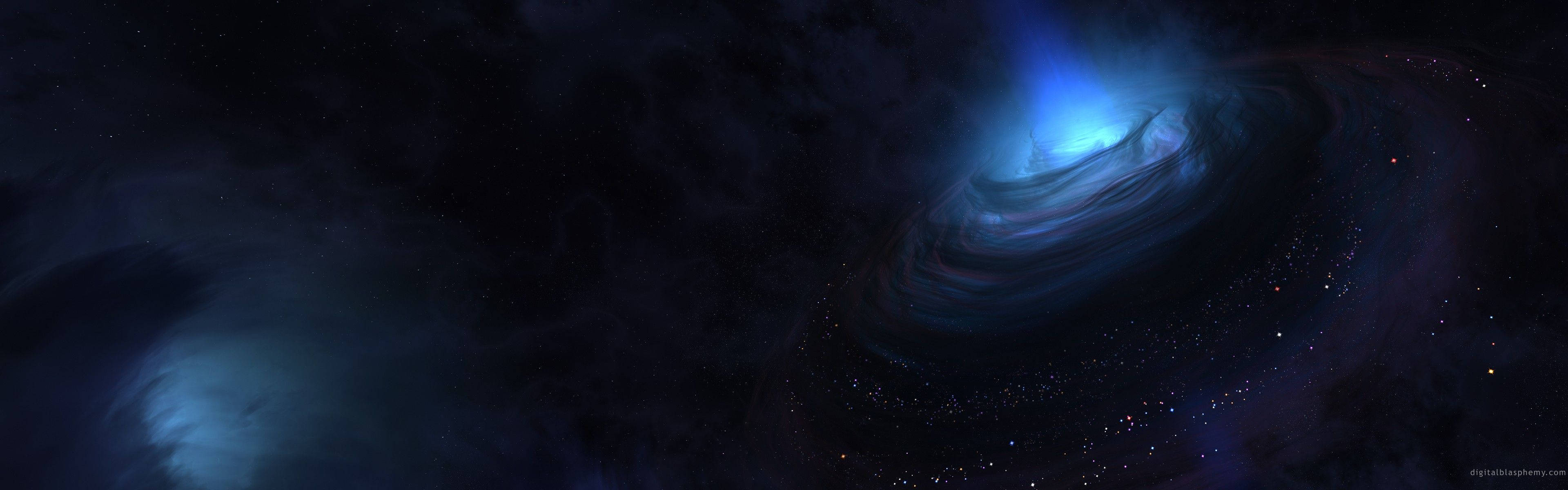 Screen 桌布 壁紙 — 一個旋轉的宇宙星雲在佈滿星星的黑暗虛空中發出鮮豔的藍光。