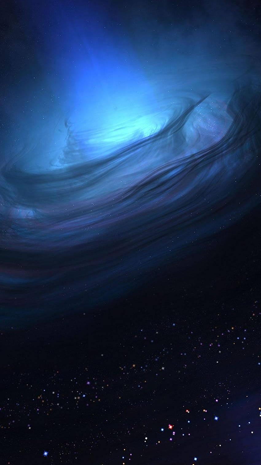  壁紙 — 一個旋轉的宇宙星雲在深空星場中發出鮮豔的藍光。
