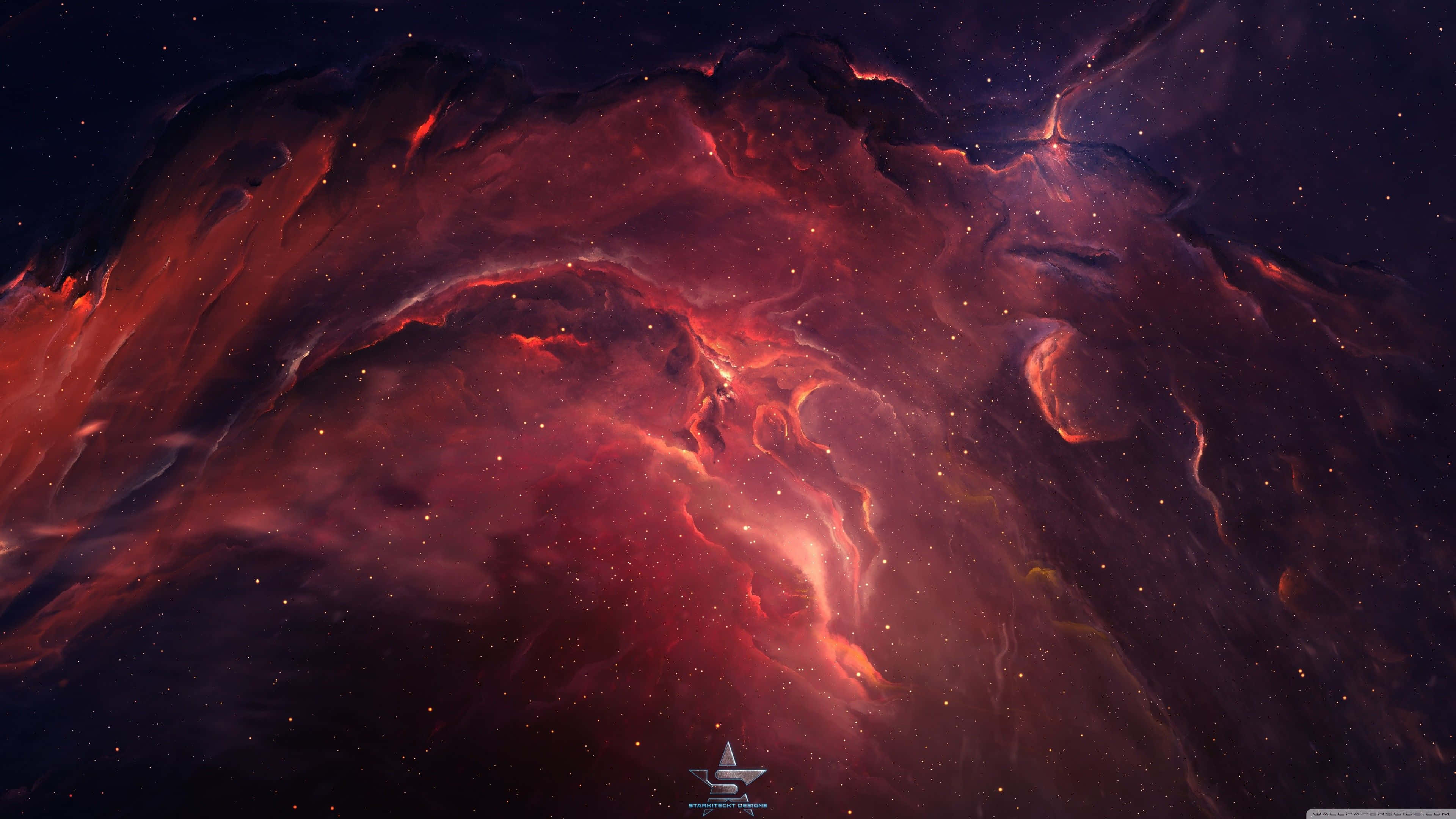 紅色動圖 桌布 壁紙 — 一個旋轉的宇宙星雲在黑暗的宇宙天空下，以火紅和深紫色在星場中發光。