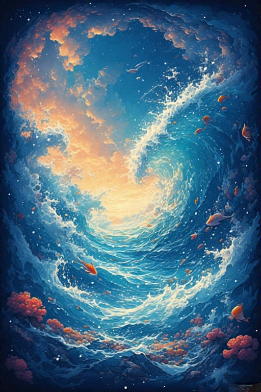 Stunning Sea Anime Realism Precisionist Art 壁紙 — 一個旋轉的宇宙海洋漩渦，在星空下閃爍著發光的魚和珊瑚。