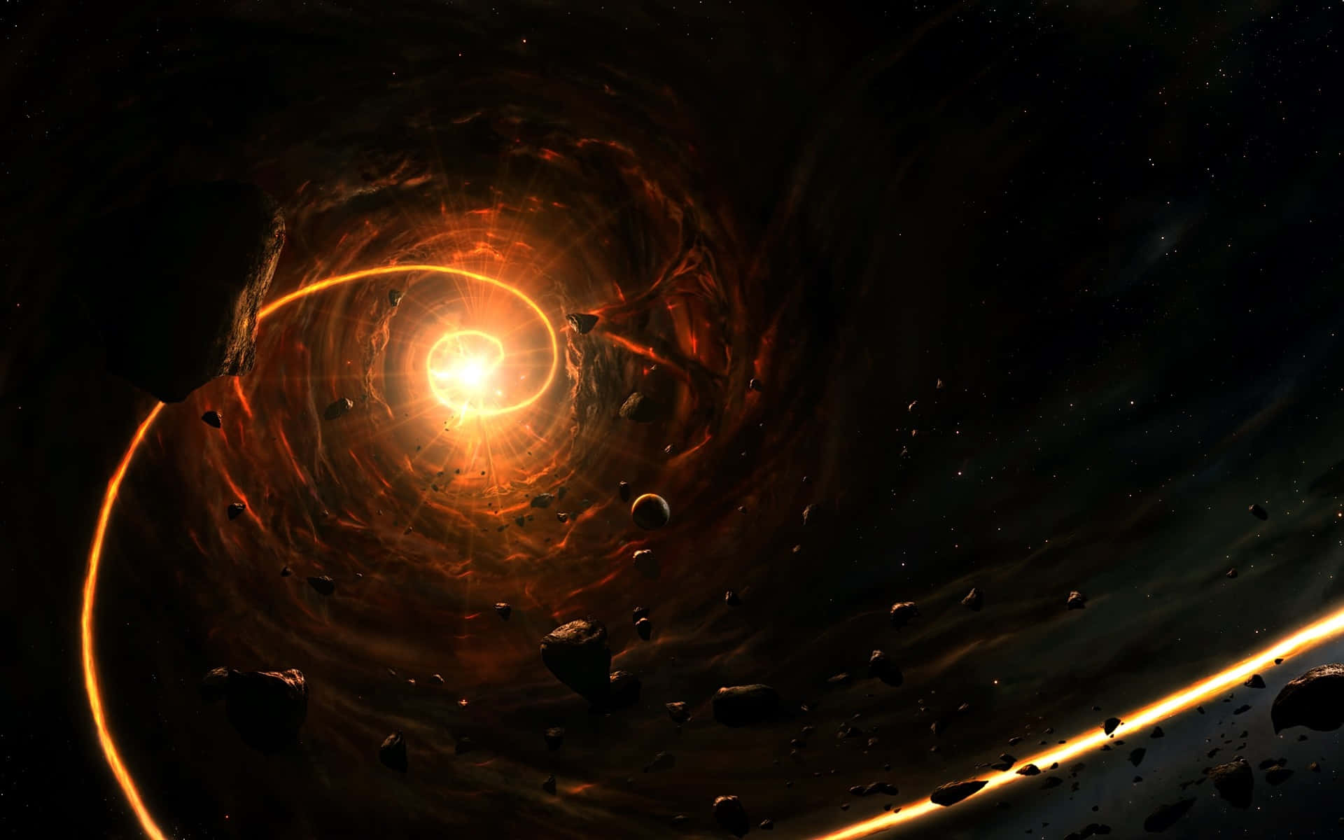Gravitational Waves 桌布 壁紙 — 一個旋轉的宇宙漩渦，帶有發光的橙色能量和漂浮的小行星圍繞著一個光芒四射的核心。