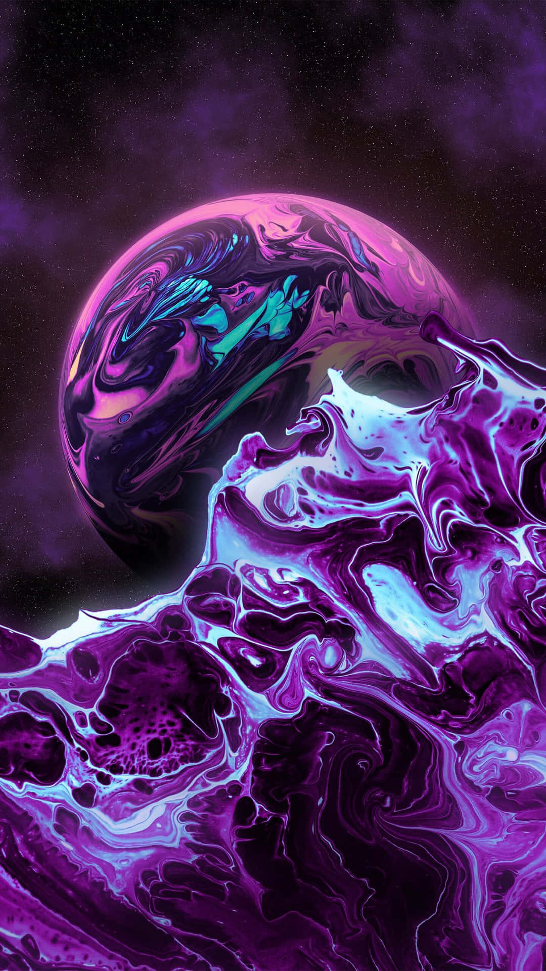 超酷的動圖 桌布 壁紙 — 一個旋轉的宇宙行星，帶有充滿活力的紫色和藍綠色液體狀圖案，漂浮在星光閃爍的黑暗太空背景上。