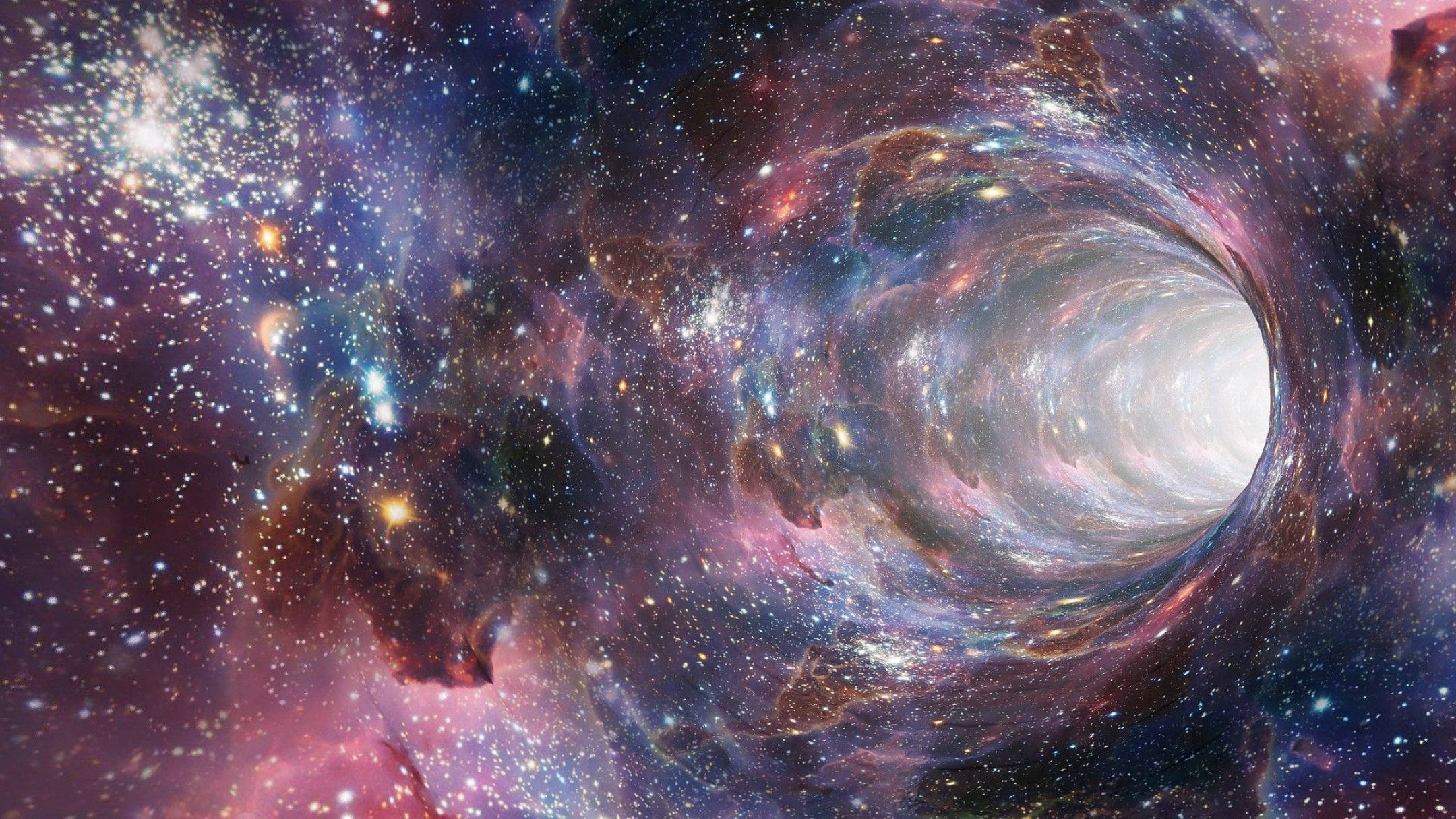 多重宇宙 桌布 壁紙 — 一個旋轉的宇宙隧道，穿過充滿發光恆星和彩色氣體雲的充滿活力的星雲。