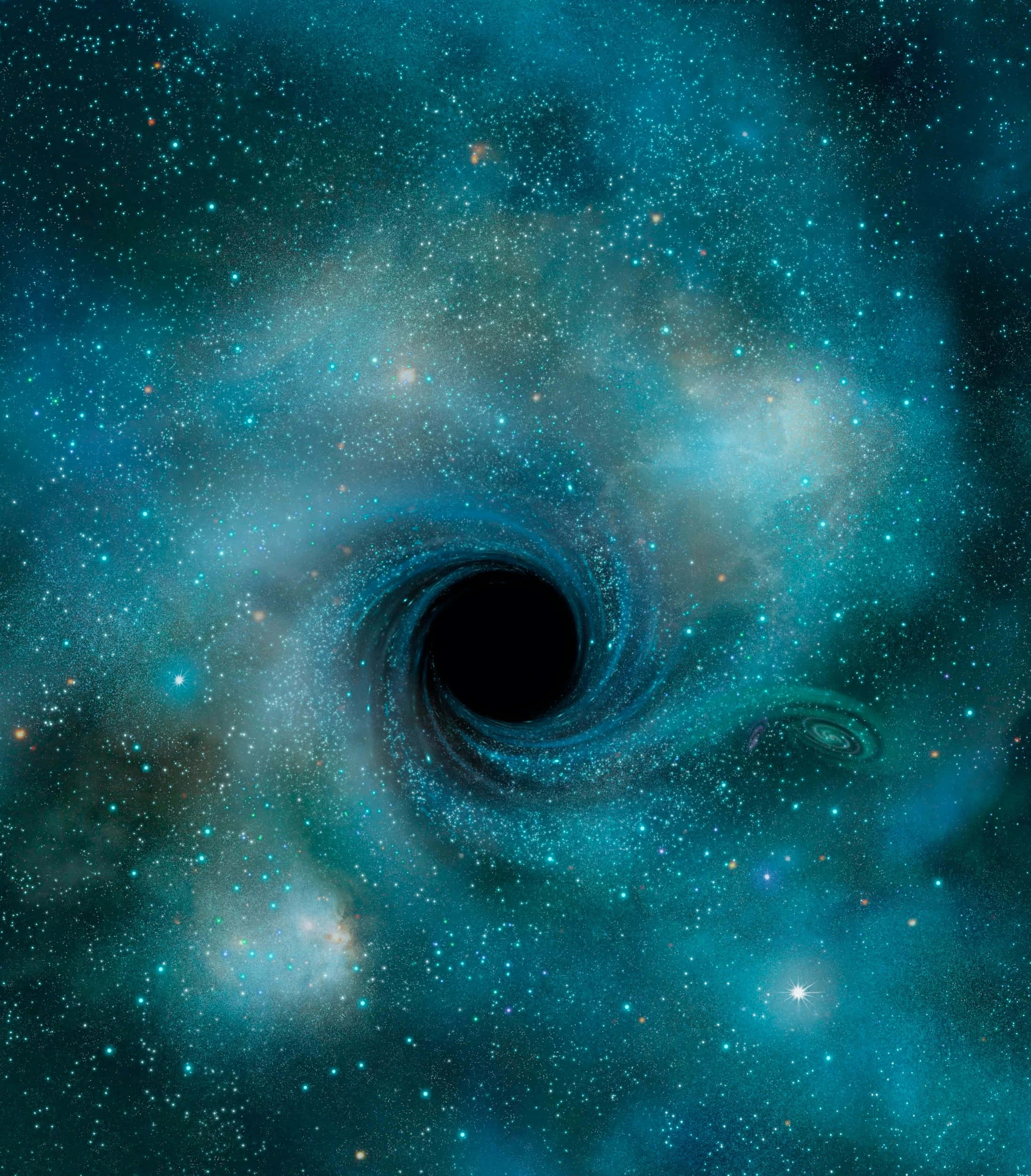 Black Hole Hubble Telescope 桌布 壁紙 — 一個旋轉的宇宙黑洞將發光的青綠色和白色星雲吸入星空中。