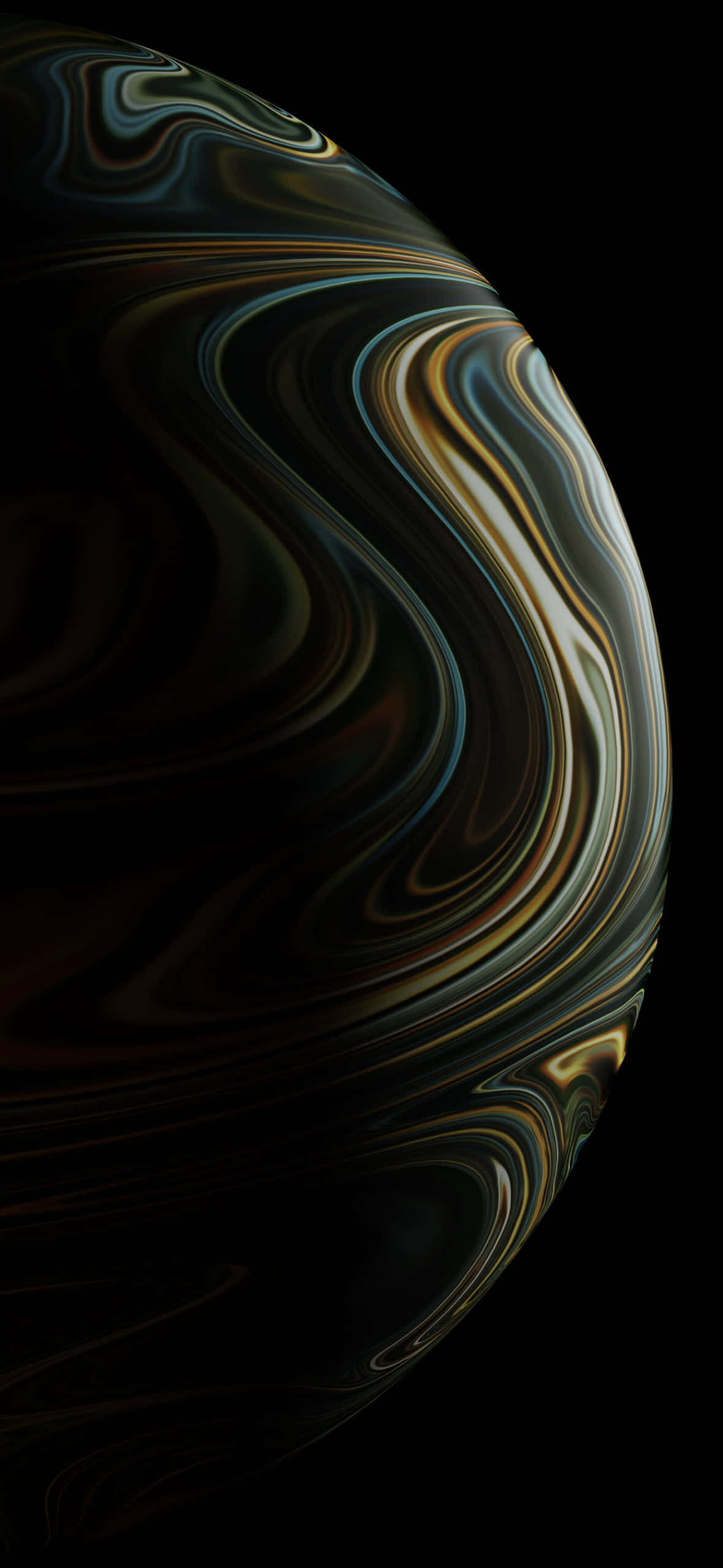1179x2556 桌布 壁紙 — 一個旋轉的抽象球體，帶有金屬金色、藍綠色和黑色絲帶，背景是深邃的黑色虛空。