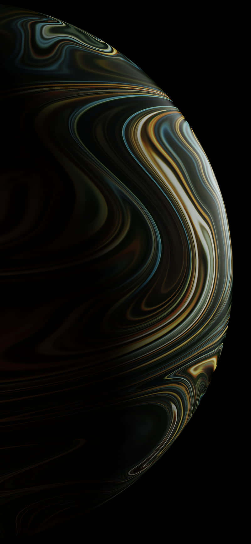 iPhone 11 Pro Black 桌布 壁紙 — 一個旋轉的抽象球體，帶有金屬金色、藍綠色和黑色絲帶，背景為虛空。