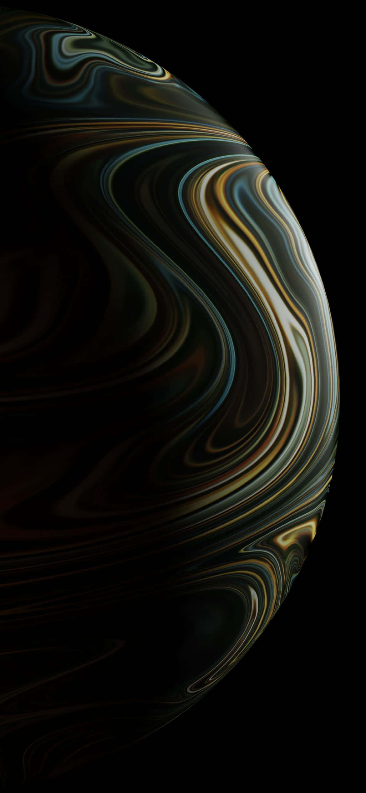 iPhone 12 Pro 桌布 壁紙 — 一個旋轉的抽象球體，帶有金屬金色、藍綠色和黑色絲帶，背景為虛空。