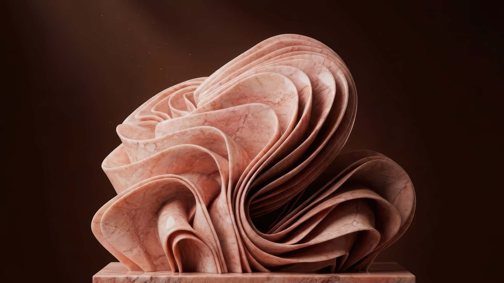 Pink marble Bloom modded wallpaper for desktop Enhancement, 壁紙 — 一個旋轉的抽象粉紅色大理石雕塑，帶有層疊曲線，放置在相配的底座上，背景為深棕色。