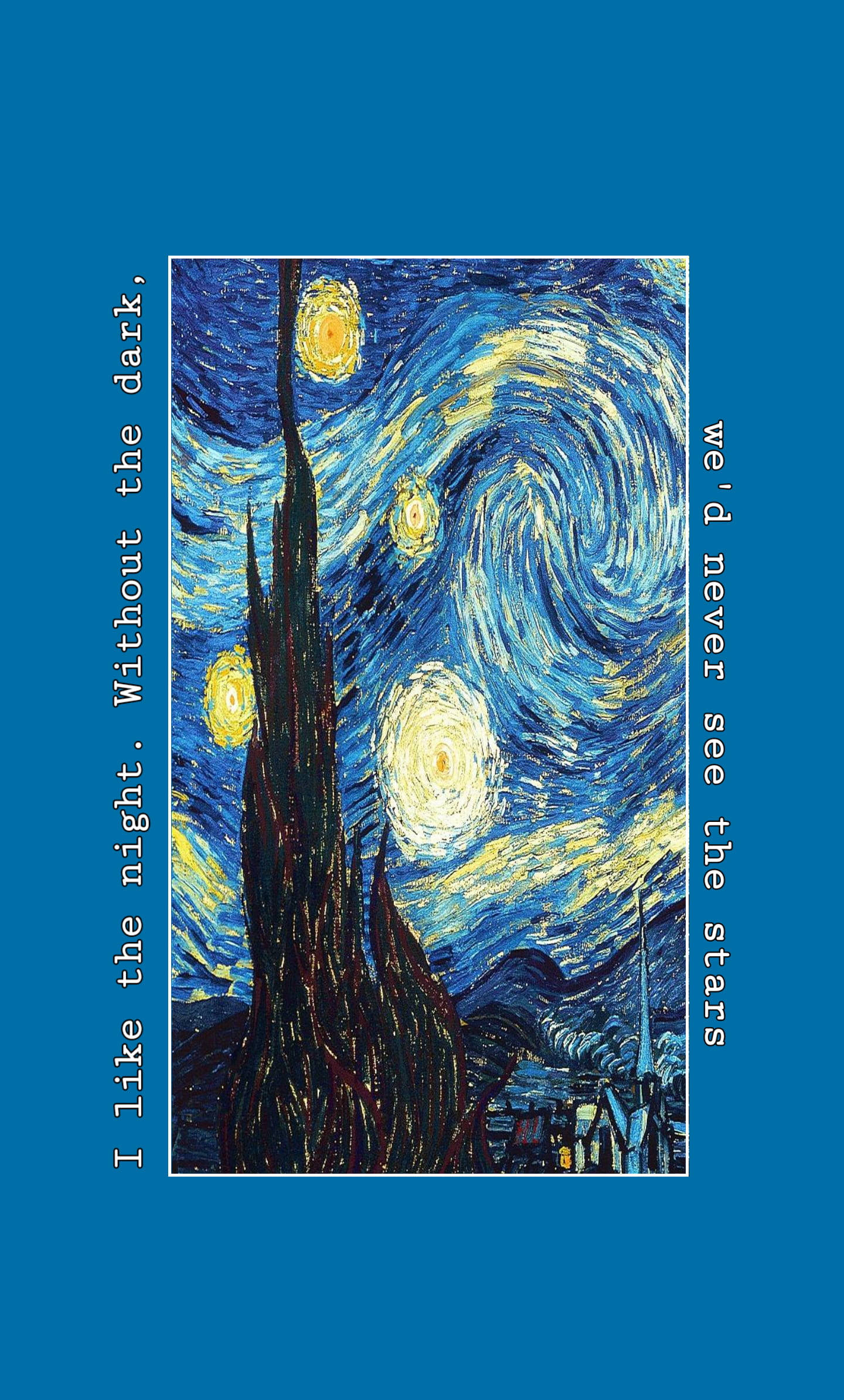 Painting 桌布 壁紙 — 一個旋轉的星空夜晚，高聳的柏樹在燦爛的月亮和星星下，被藍色文字框住。