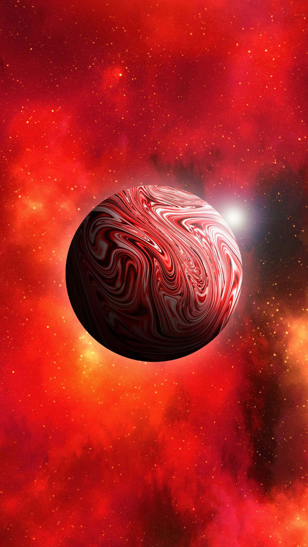 行星動畫 桌布 壁紙 — 一個旋轉的紅白行星漂浮在充滿活力的星雲中，星雲散發著熾熱的星星和宇宙塵埃的光芒。