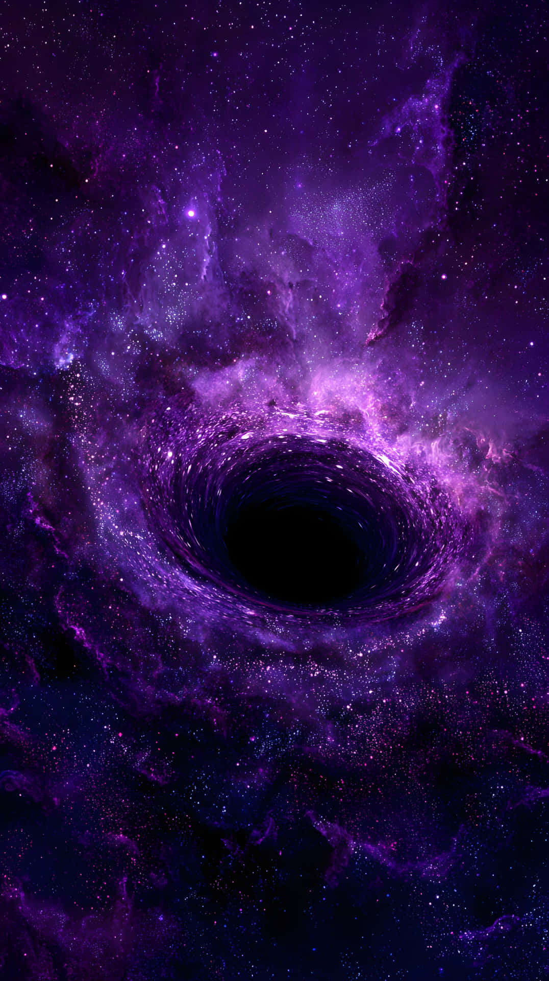 Purple nebula black hole cosmic vortex 壁紙 — 一個旋轉的紫色星雲圍繞著一個黑洞，背景是繁星點點的宇宙。