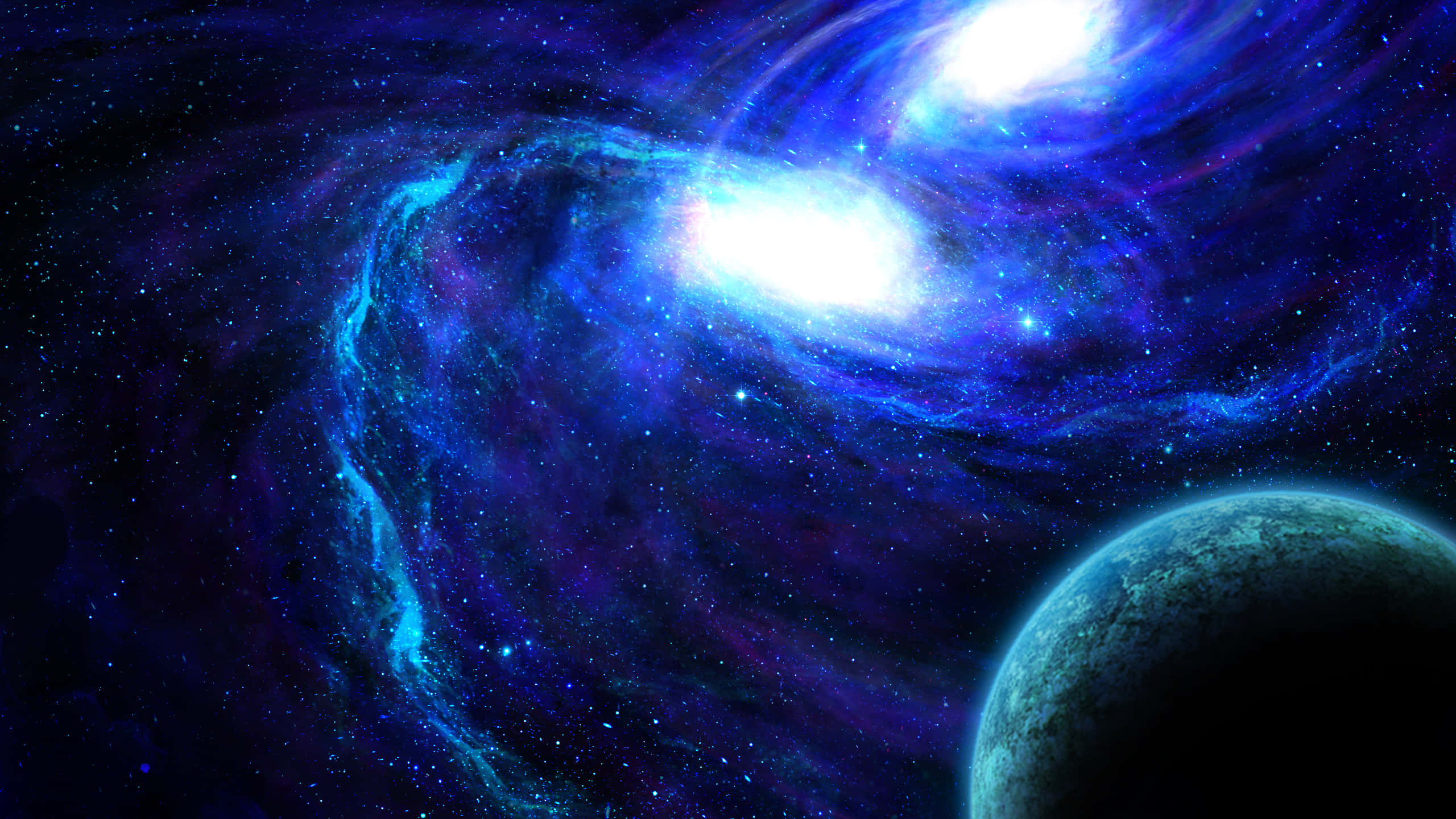 3d Space 桌布 壁紙 — 一個旋轉的藍色和紫色星系，中心明亮，前景有一顆行星。