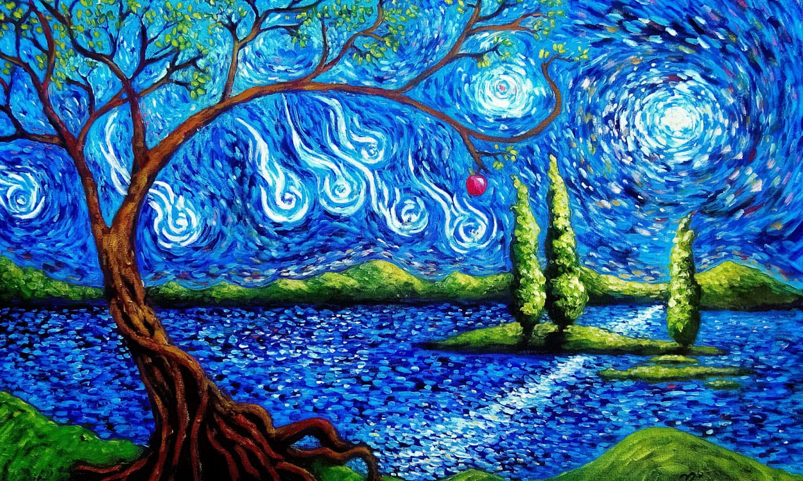 抽象藝術動圖 桌布 壁紙 — 一個旋轉的藍色夜空，星星和一個紅蘋果掛在一棵多節的樹上，樹下是一個有柏樹的倒影湖。