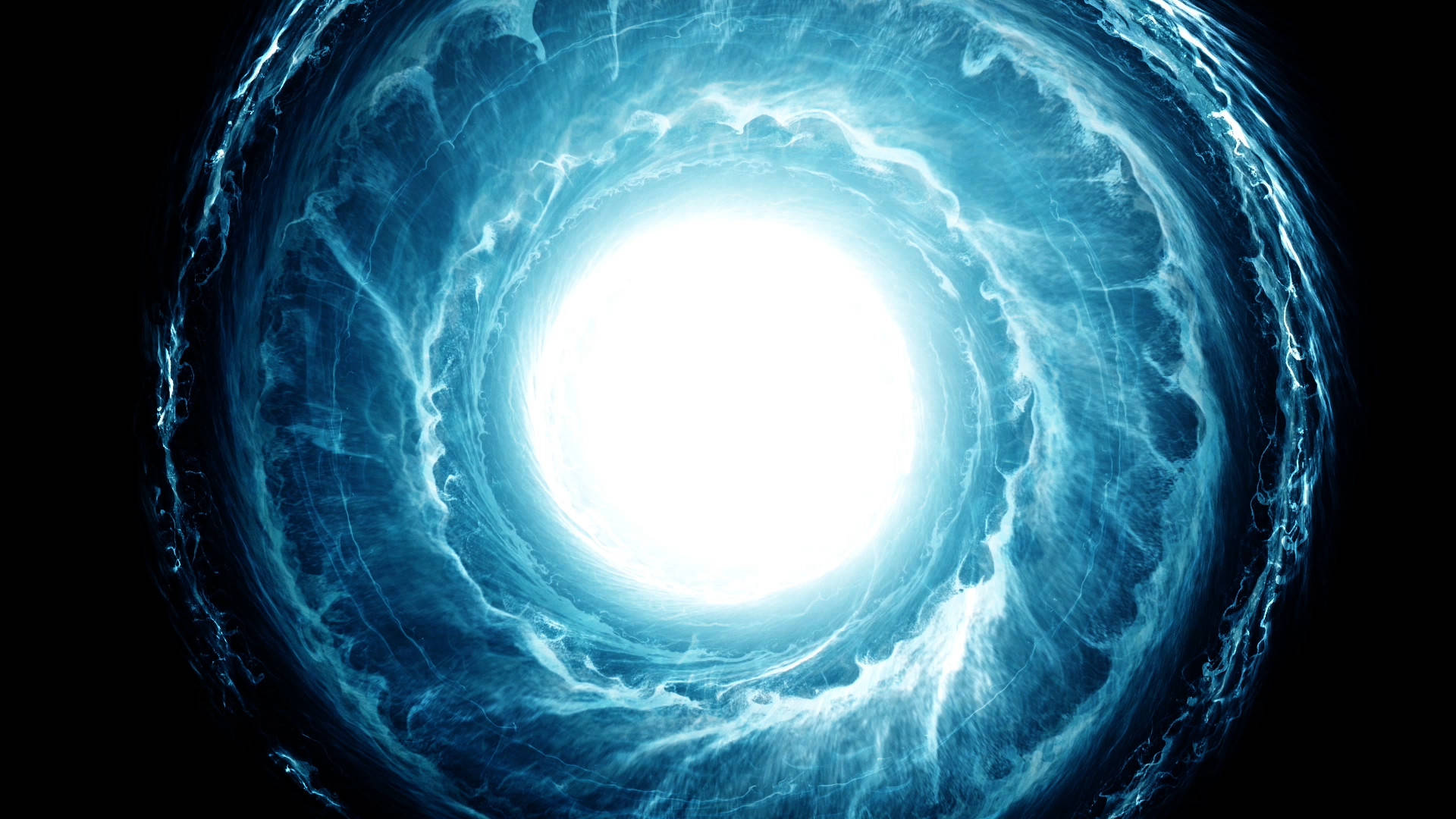 Energy 桌布 壁紙 — 一個旋轉的藍色宇宙隧道，中心有明亮的白色光芒，背景是黑色虛空。