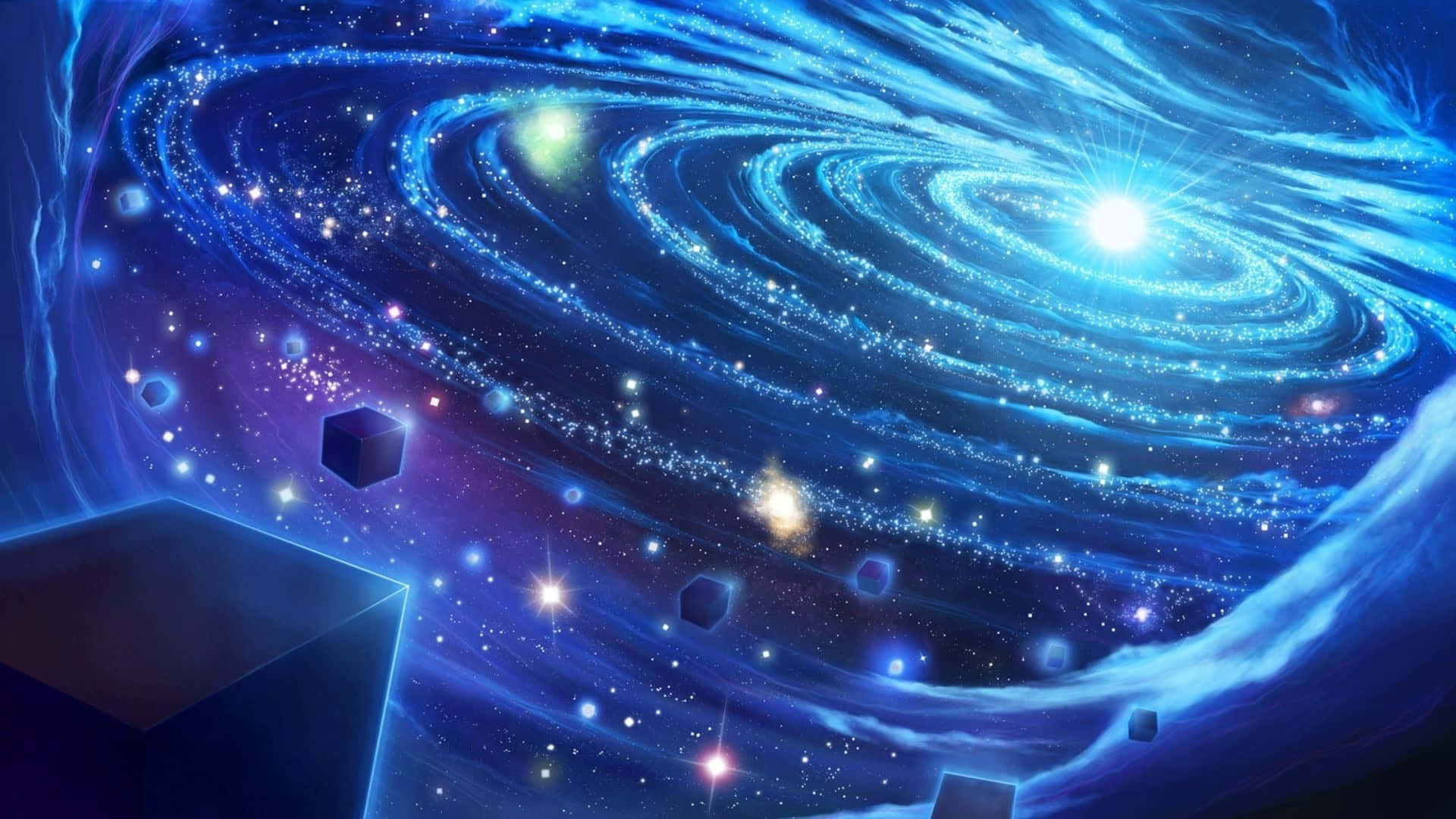 Beautiful Space 桌布 壁紙 — 一個旋轉的藍色星系，帶有發光的星星和漂浮的幾何立方體，在宇宙虛空中。