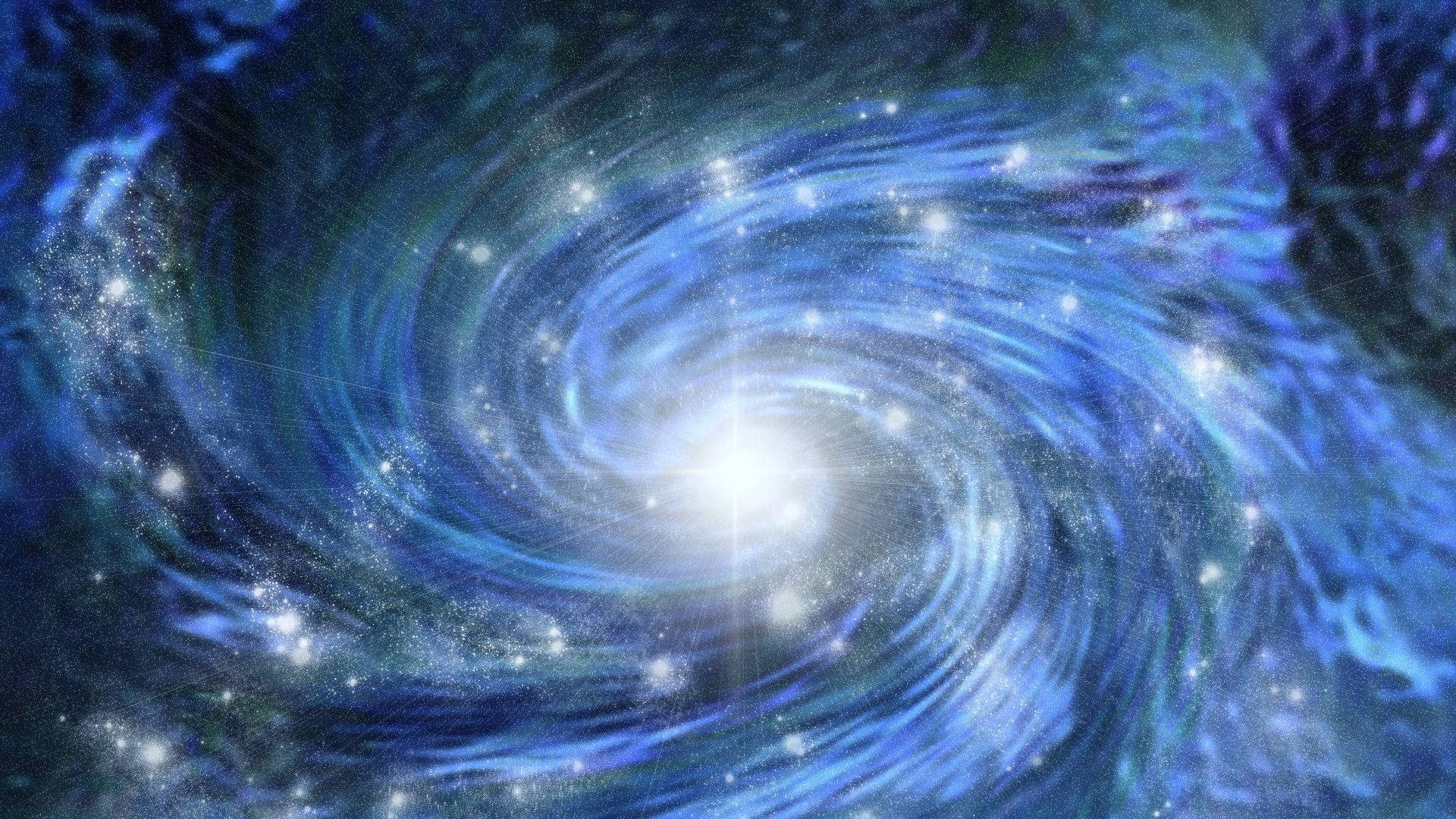 銀河 桌布 壁紙 — 一個旋轉的藍色螺旋星系，明亮的星星從其發光的核心輻射出來，映襯著宇宙背景。