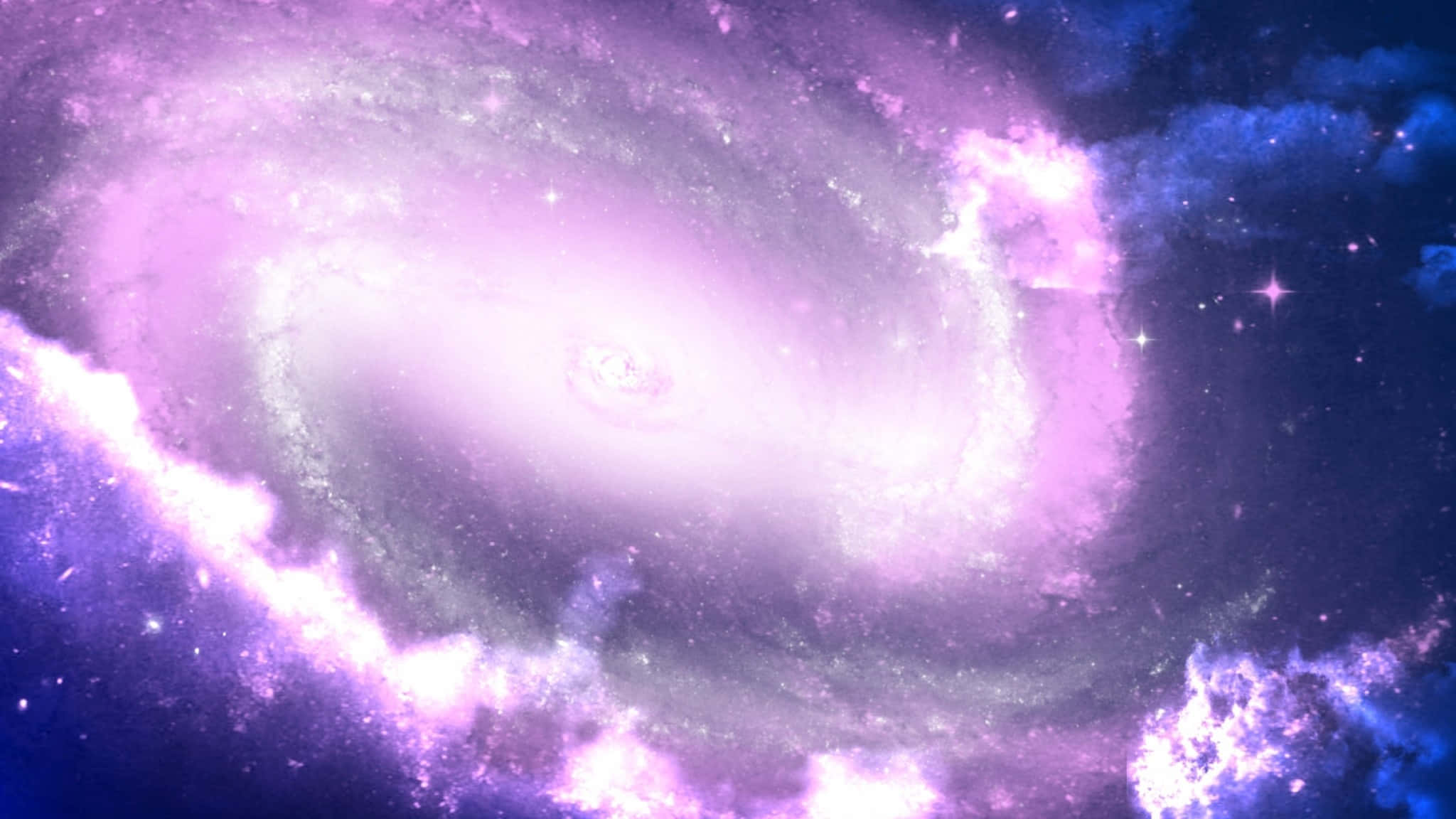 2048x1152 桌布 壁紙 — 一個旋轉的螺旋星系，在繁星點點的宇宙背景下散發出充滿活力的紫色和藍色色調。