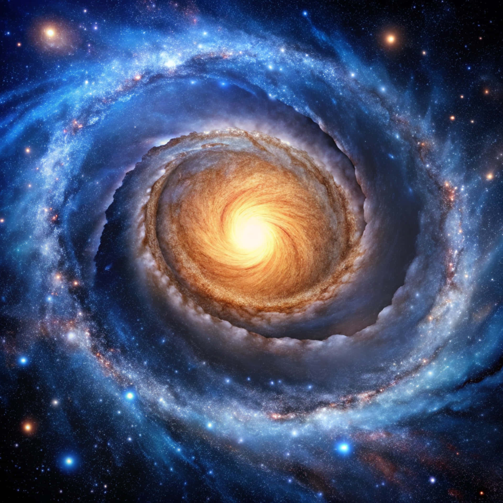 Spiral galaxy in the universe 壁紙 — 一個旋轉的螺旋星系，帶有明亮的金色核心和點綴著星星的藍色星雲臂。