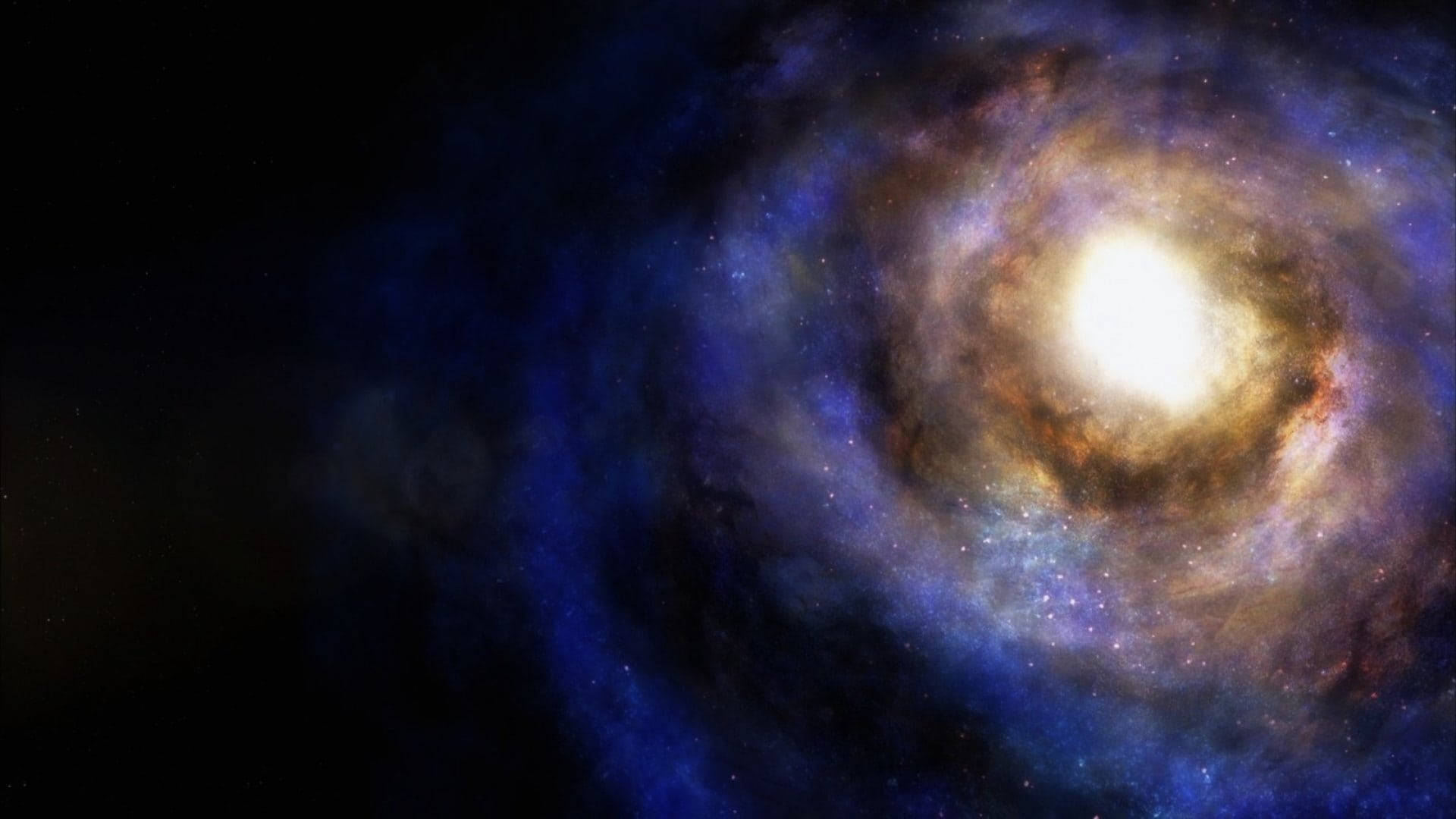 外太空 桌布 壁紙 — 一個旋轉的螺旋星系，金色核心和深藍色星雲在繁星點點的宇宙虛空中閃耀。
