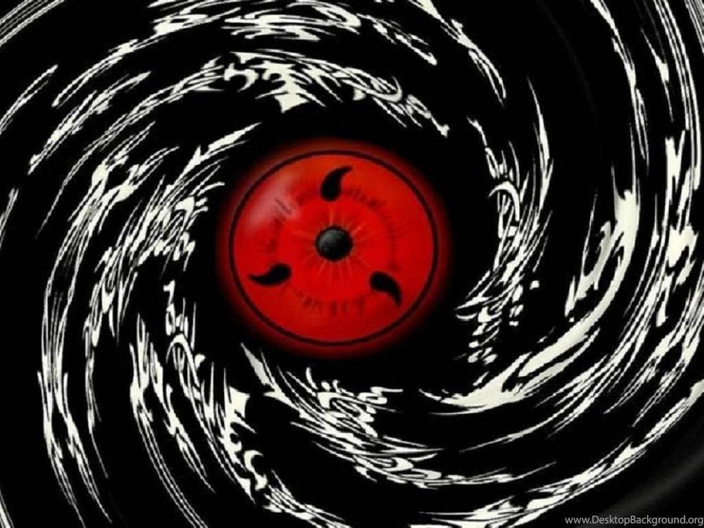 寫輪眼 桌布 壁紙 — 一個旋轉的黑白漩渦包圍著一個發光的紅色眼睛，上面有三個黑色巴紋符號。