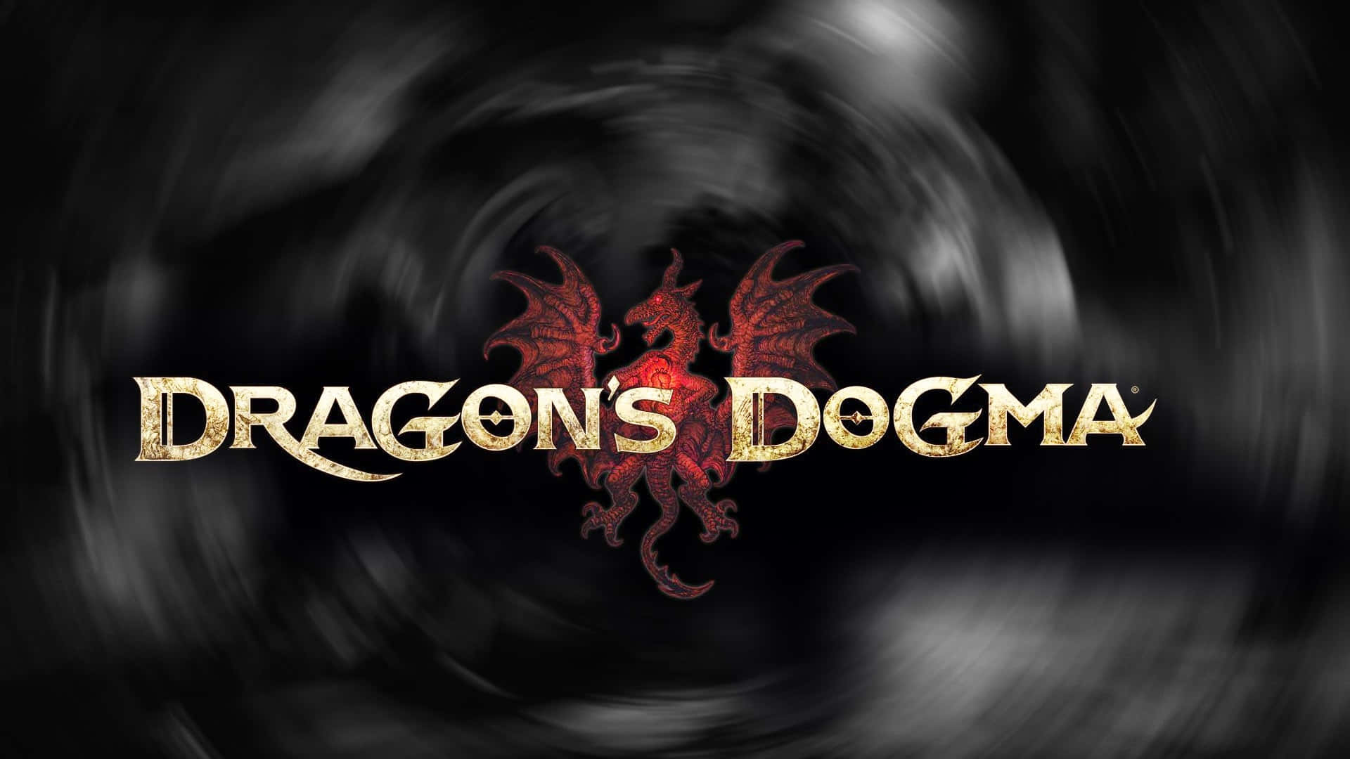 電玩遊戲 桌布 壁紙 — 一個旋轉的黑色漩渦背景框住了金色的「Dragon's Dogma」標誌，下方中央有一個紅色龍紋章。
