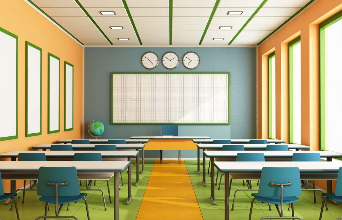 Classroom 桌布 壁紙 — 一個明亮多彩的教室，藍色椅子和桌子排成行，面向一個大白色白板，下方是綠色邊框的天花板。