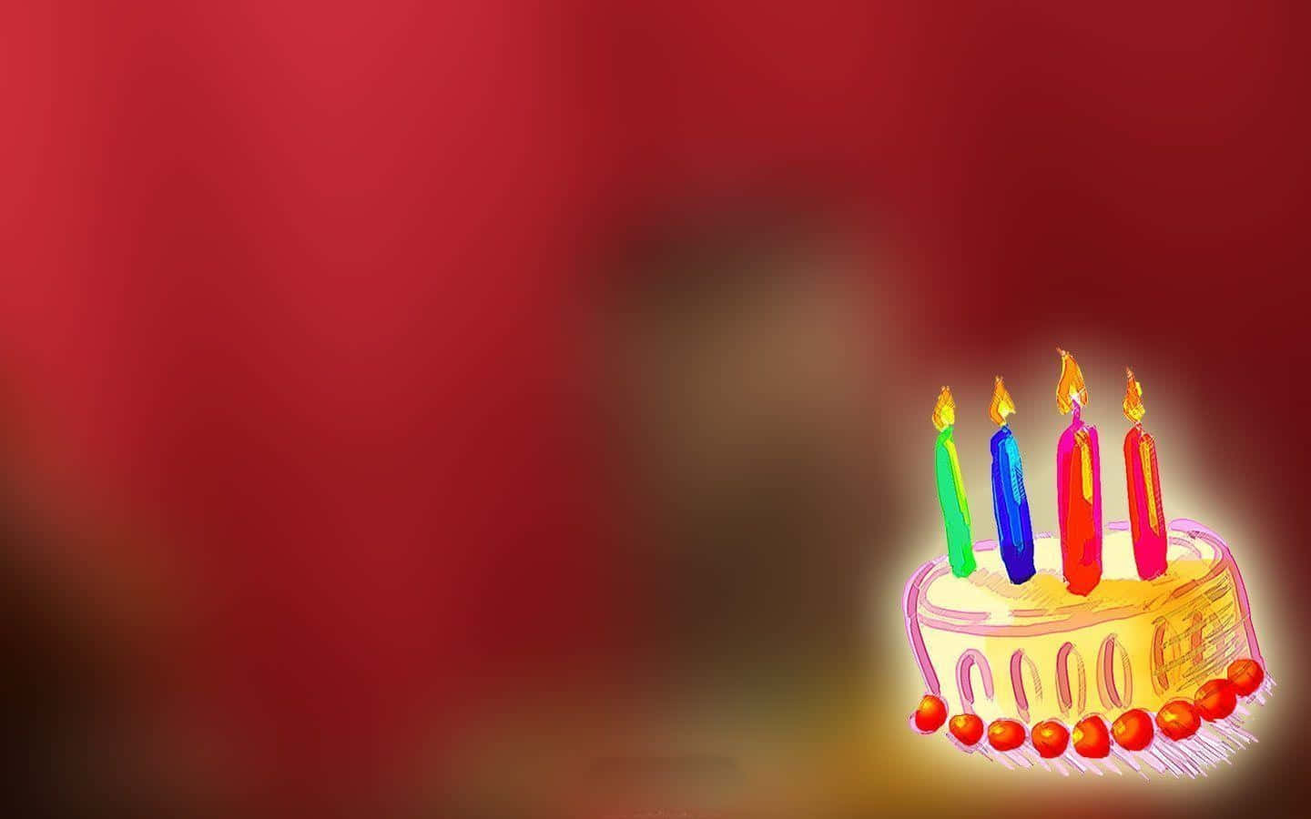 蛋糕 桌布 壁紙 — 一個明亮照明的生日蛋糕，上面有四支彩色蠟燭，在深紅色背景下閃耀。
