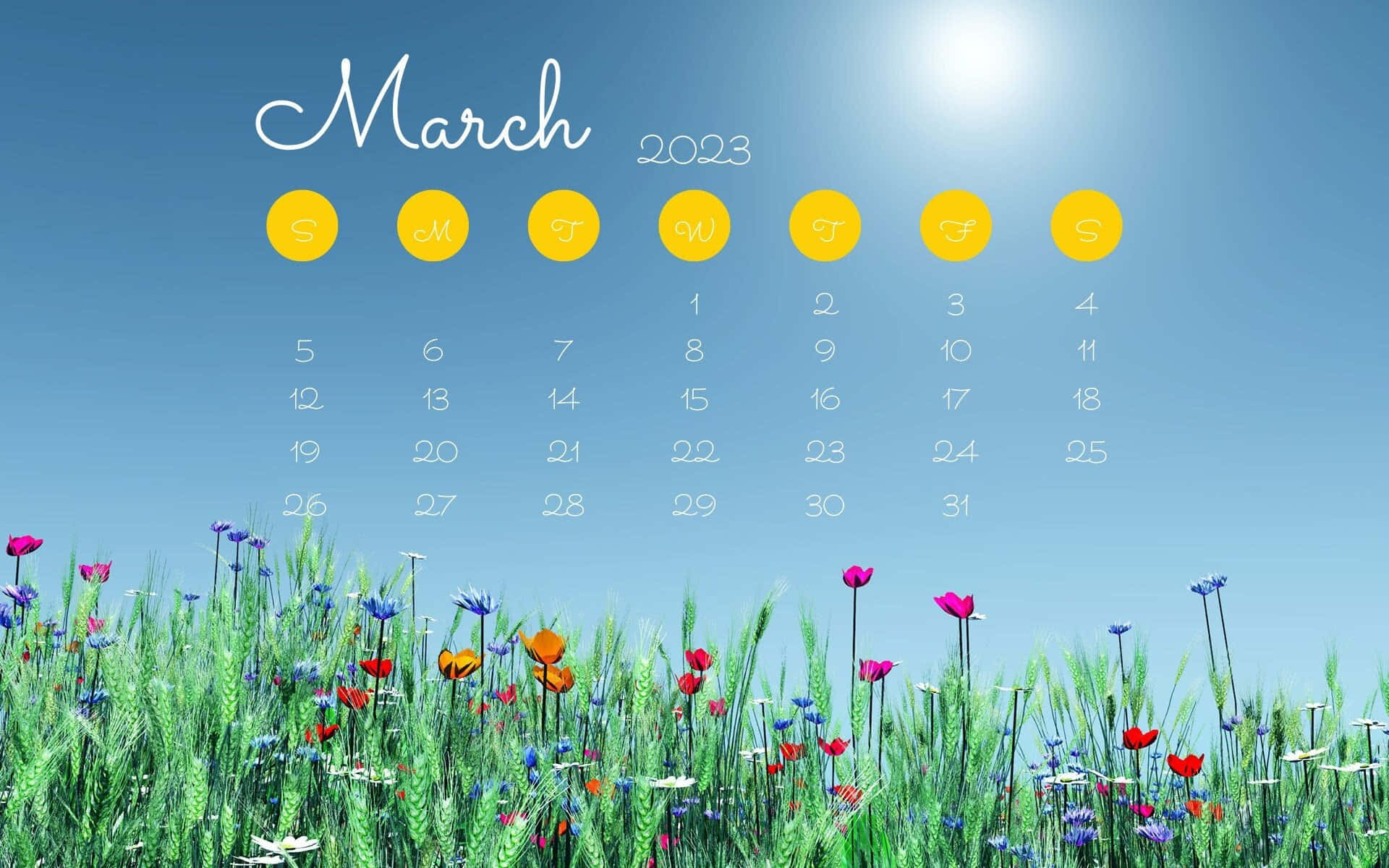 March 桌布 壁紙 — 一個明亮的2023年3月日曆漂浮在色彩繽紛的野花草地之上，藍天白雲清晰可見。