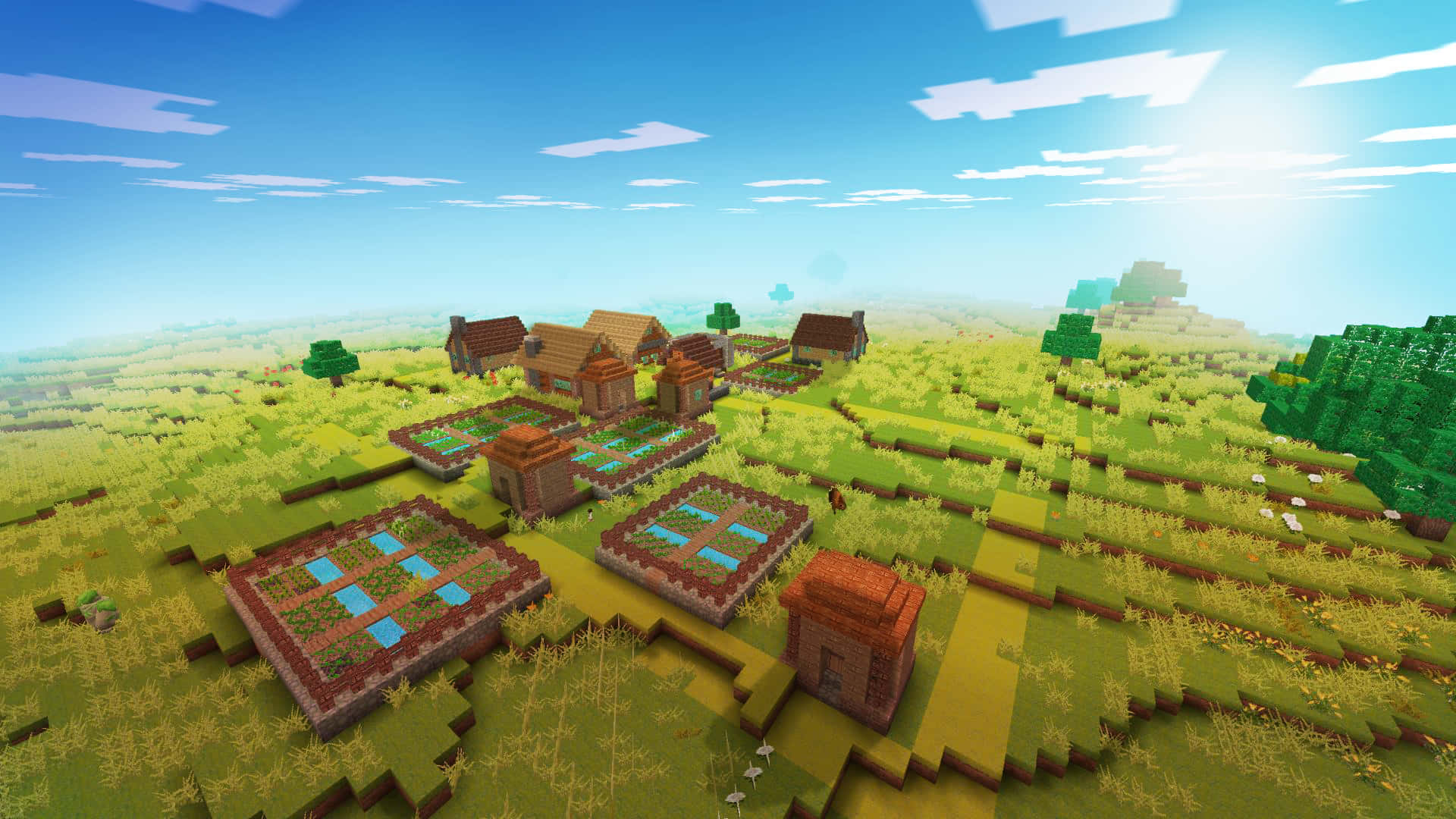 Minecraft Pixel Art 桌布 壁紙 — 一個明亮的像素化Minecraft村莊，有方塊狀的房屋和農場，在晴朗的藍天下有蓬鬆的雲朵。