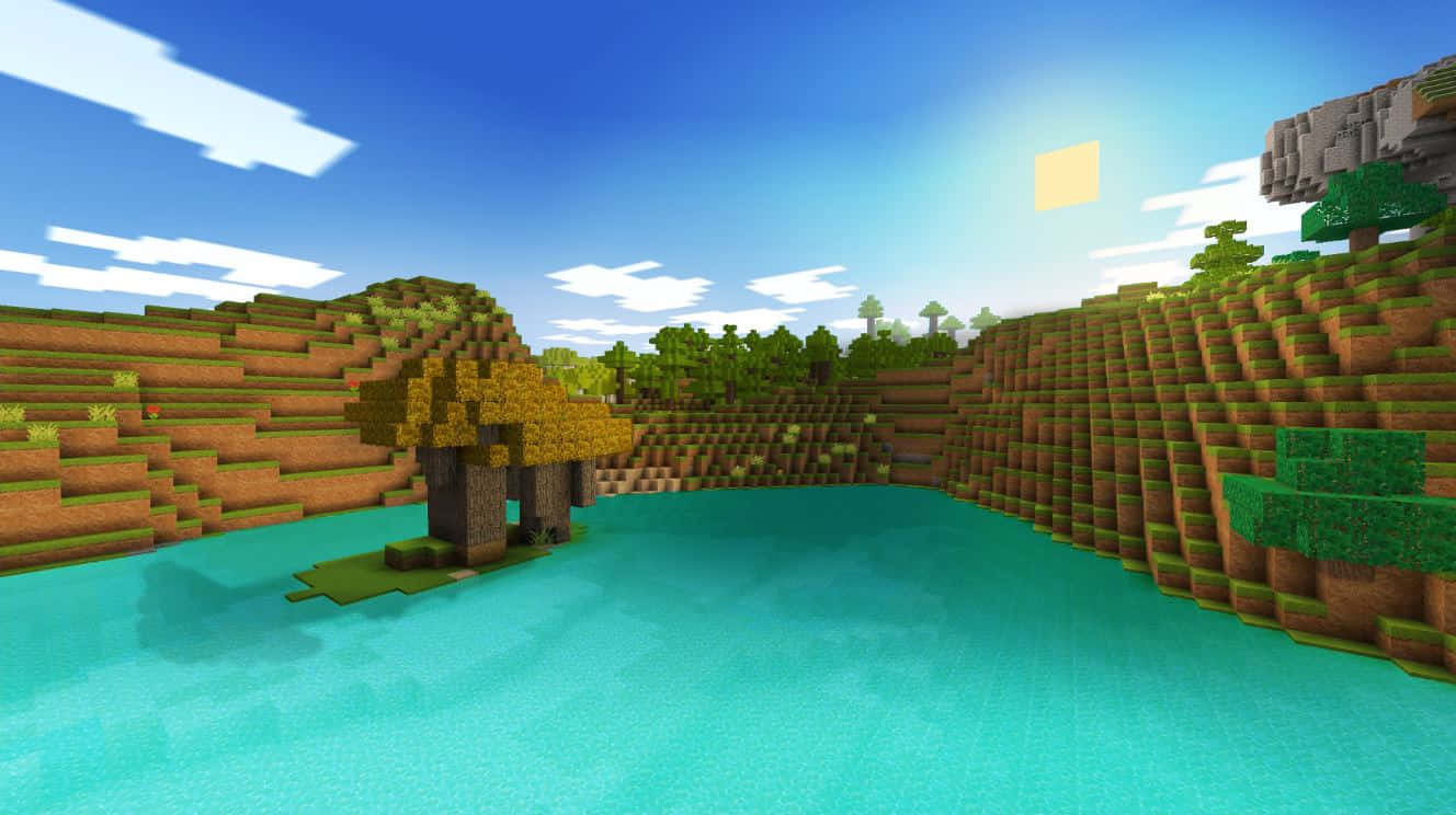 Minecraft Pixel Art 桌布 壁紙 — 一個明亮的像素化湖泊，周圍是塊狀的山丘和樹木，在晴朗的藍天下有發光的太陽。
