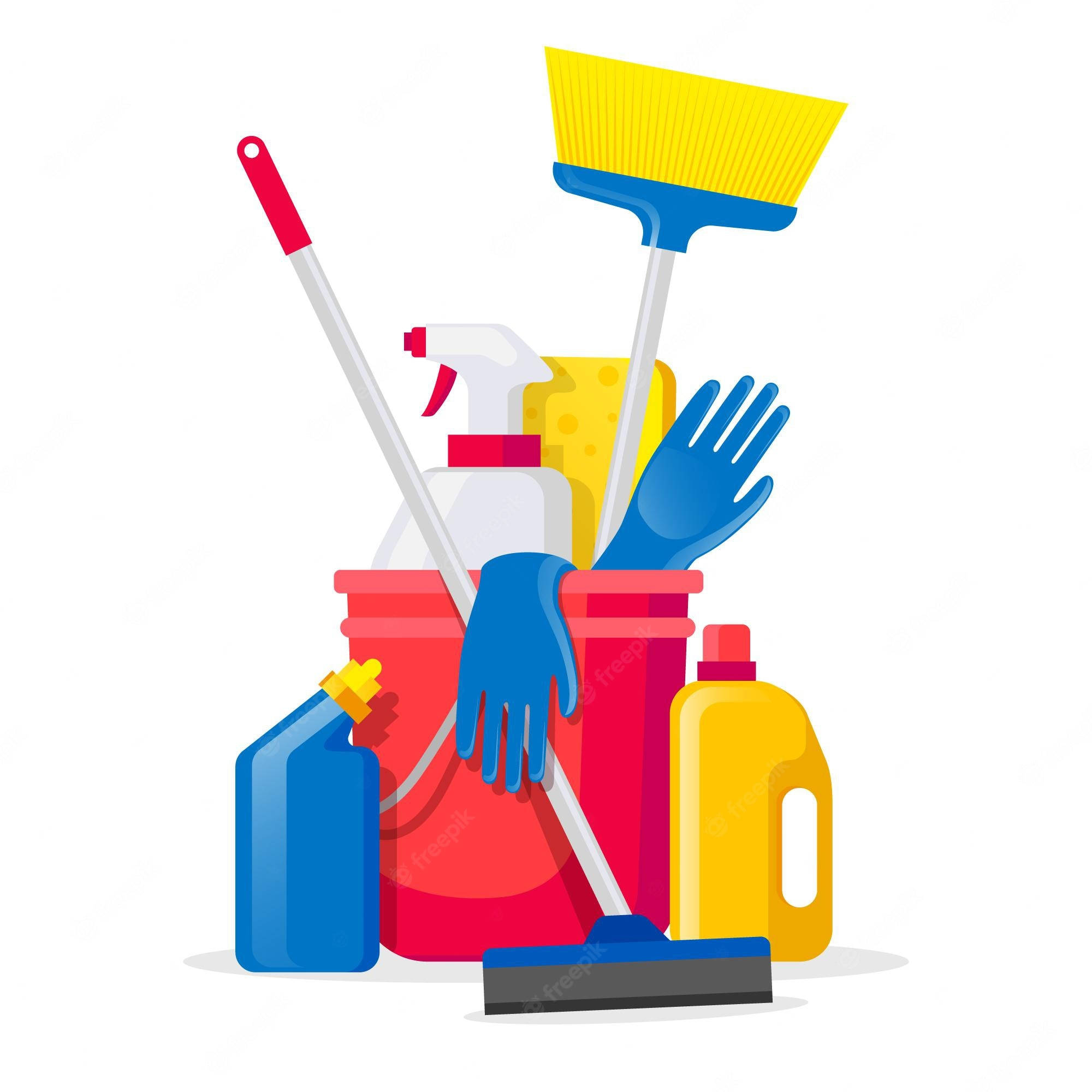 Cleaning 桌布 壁紙 — 一個明亮的卡通插圖，展示清潔用品，包括掃帚、海綿、手套和瓶子，排列在一個紅色水桶中。