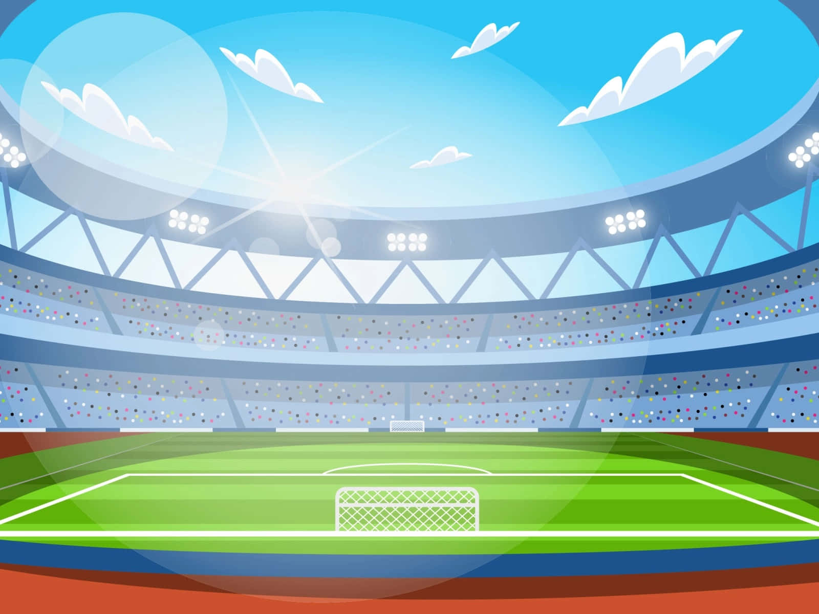 Stadium 桌布 壁紙 — 一個明亮的卡通體育場，在陽光明媚的藍天下有綠色足球場和蓬鬆的雲朵。