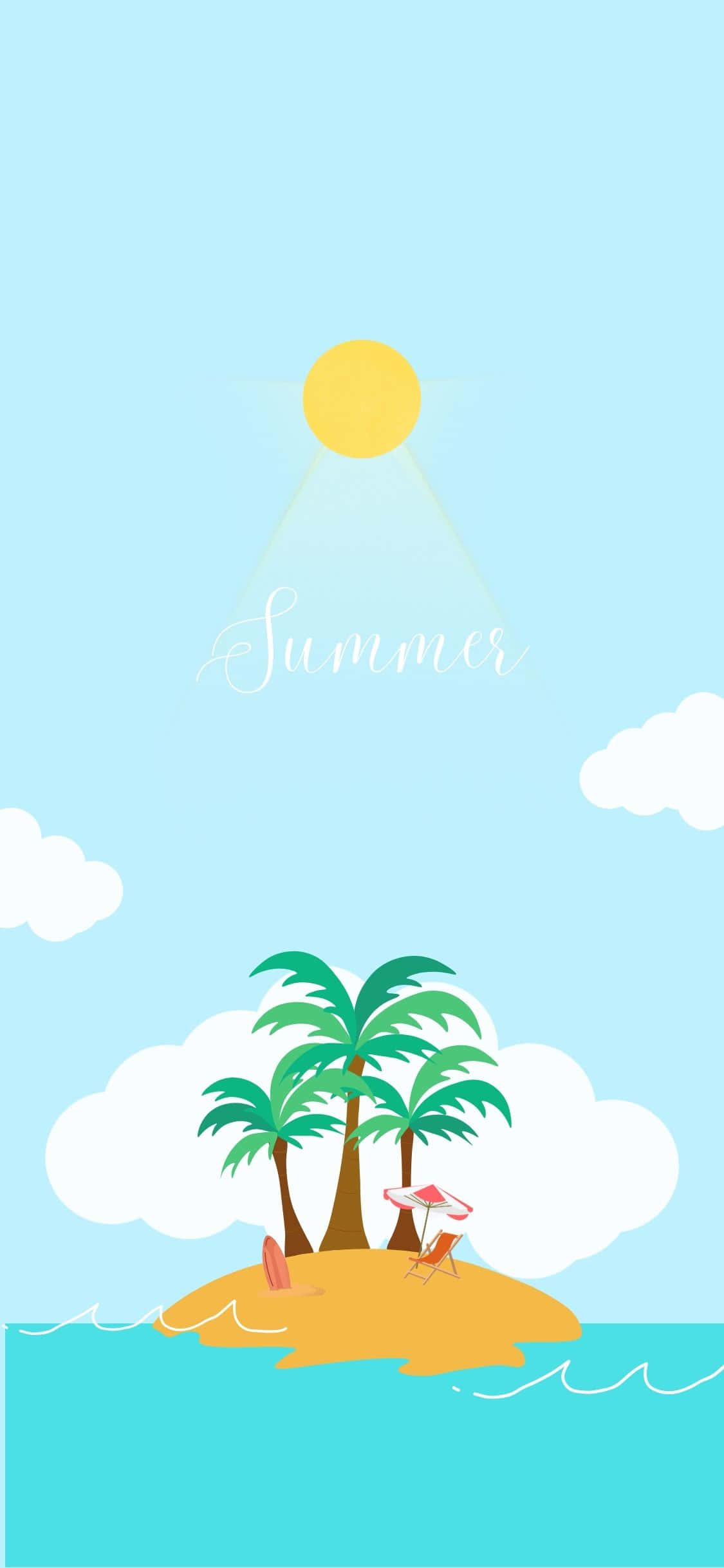 夏天 iPhone 桌布 壁紙 — 一個明亮的夏日島嶼，有棕櫚樹、沙灘椅和衝浪板，在陽光明媚、有雲的天空下。