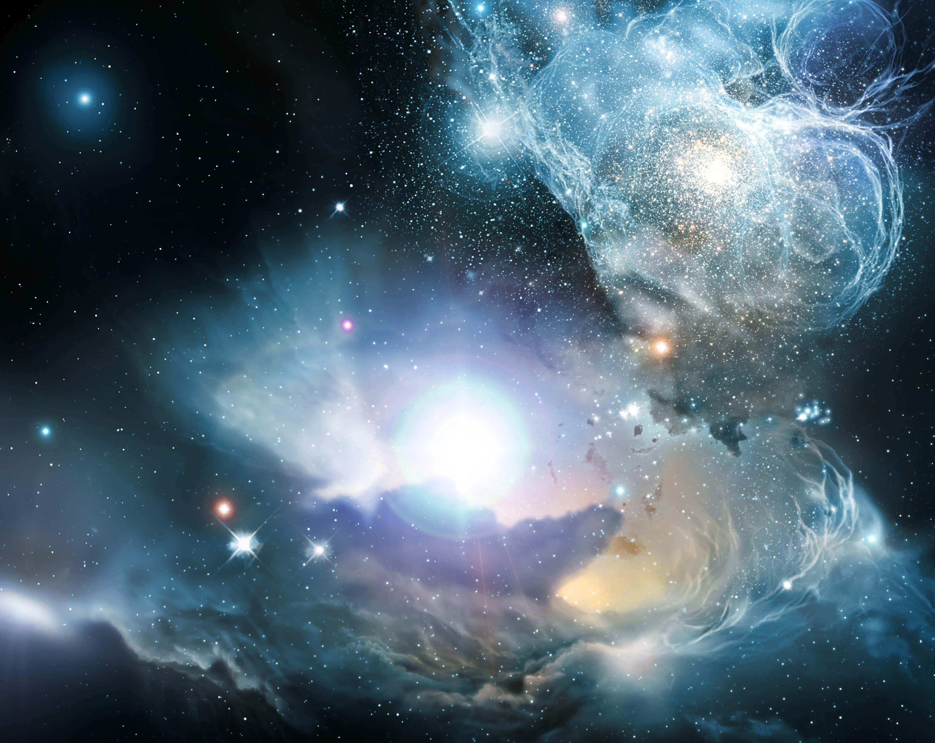 Quasar 桌布 壁紙 — 一個明亮的宇宙星雲，在星空背景下旋轉著發光的藍色和白色氣體。
