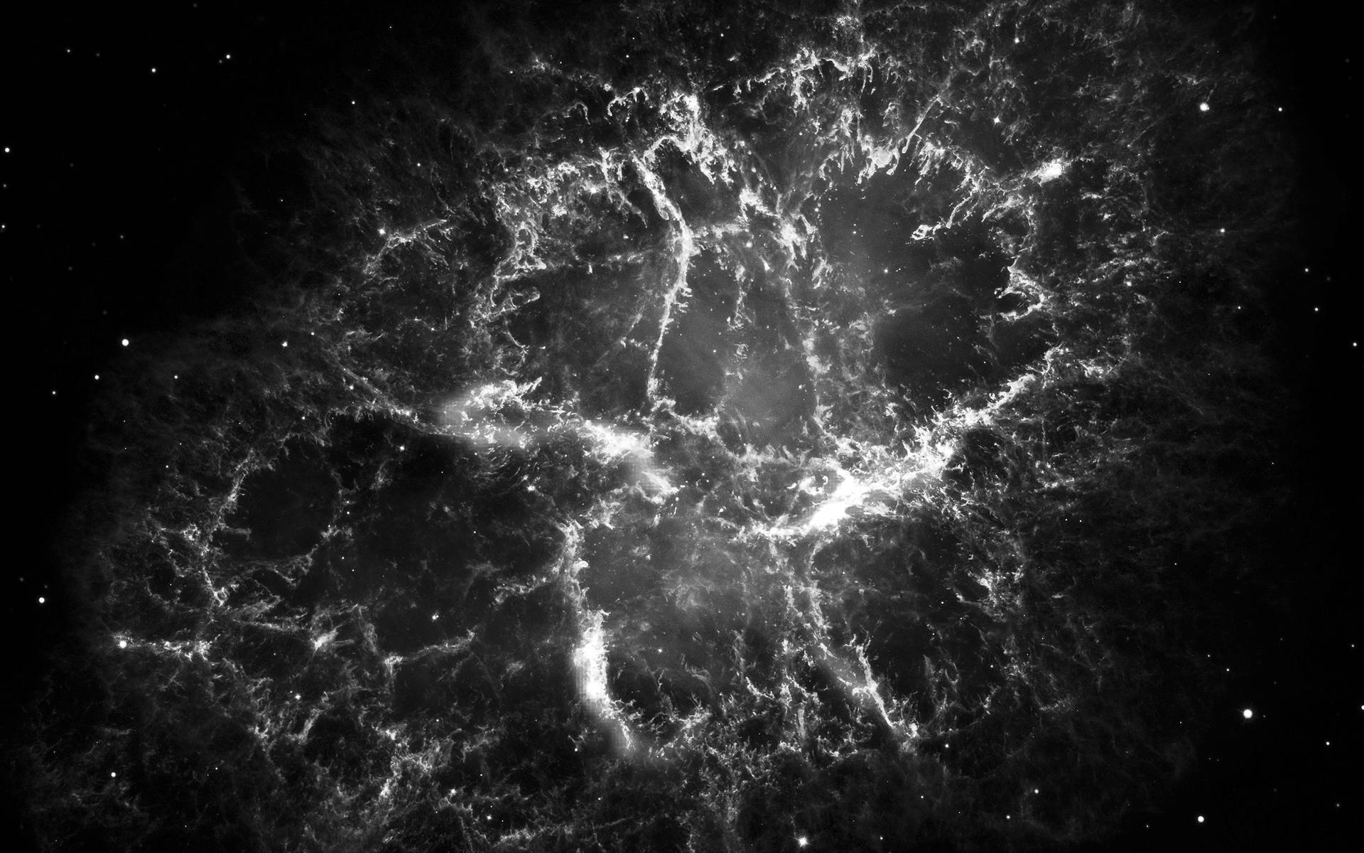黑白 桌布 壁紙 — 一個明亮的宇宙星雲，帶有複雜的絲狀結構，在佈滿星星的黑色虛空中發光。
