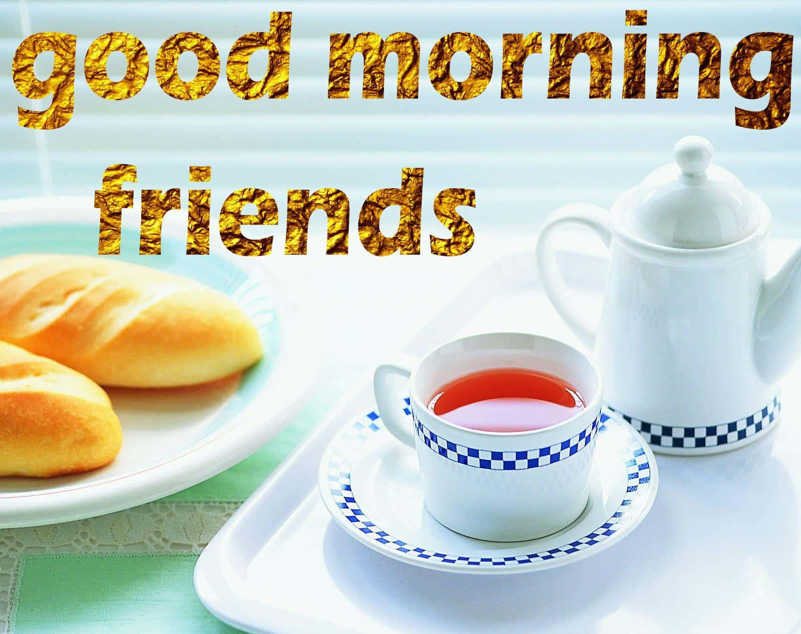 Good Morning 桌布 壁紙 — 一個明亮的早晨場景，窗邊柔和光線下托盤上放著一杯茶和新鮮麵包。