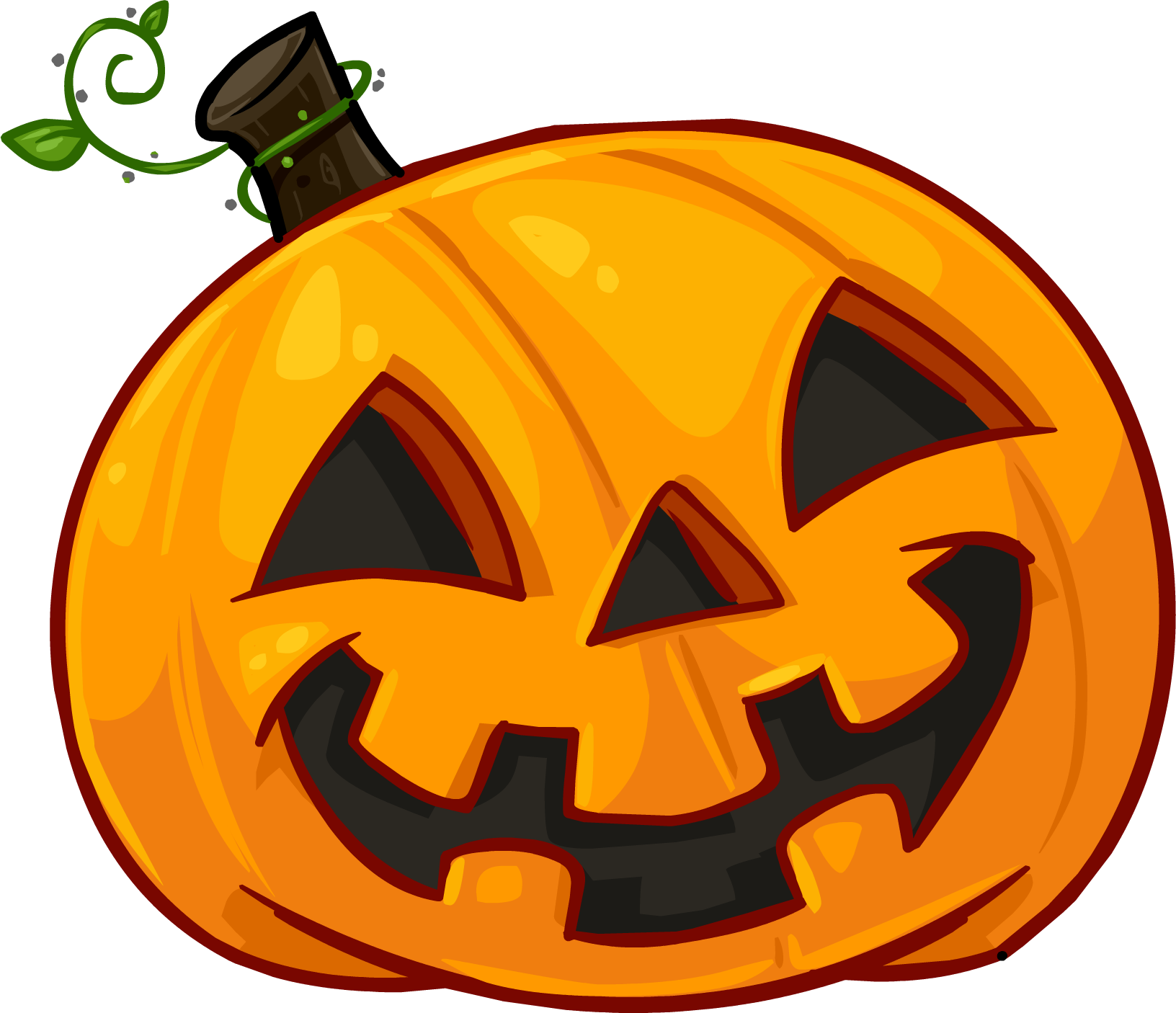 Pumpkin Halloween 桌布 壁紙 — 一個明亮的橙色卡通傑克南瓜燈，帶有頑皮的笑容和纏繞在莖上的綠色藤蔓。