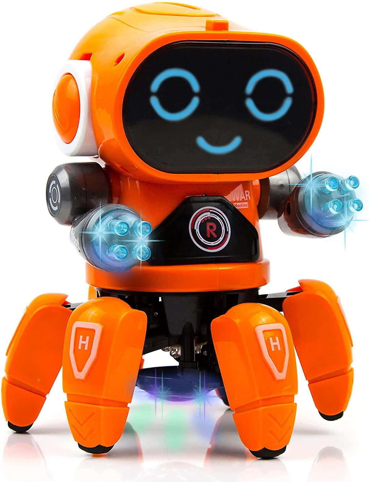toys 桌布 壁紙 — 一個明亮的橙色玩具機器人，帶有發光的藍色眼睛和雙手，站在白色背景前。