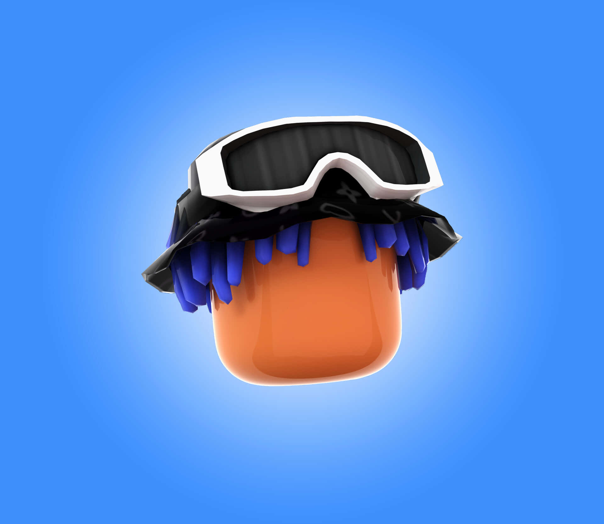 Roblox 桌布 壁紙 — 一個明亮的橙色立方體，帶有藍色流蘇和黑色護目鏡，漂浮在漸變藍色背景上。