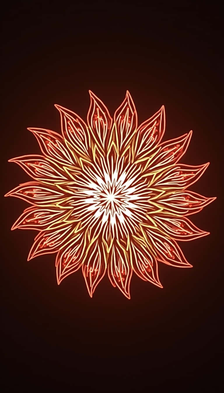 Flower 壁紙 — 一個明亮的橙黃色霓虹花曼陀羅在黑暗背景上發光，帶有複雜的花瓣圖案。