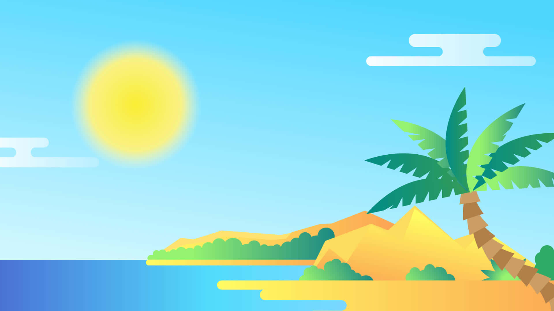 Summer Zoom 桌布 壁紙 — 一個明亮的熱帶海灘場景，棕櫚樹立在金色沙灘上，陽光明媚的藍天上有蓬鬆的雲朵。