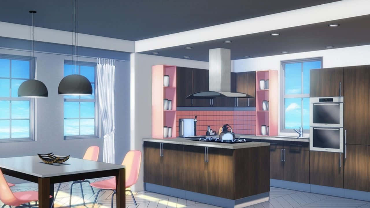 720p Kitchen 桌布 壁紙 — 一個明亮的現代廚房，設有粉紅色層架、木製櫥櫃和吊燈，從大窗戶灑進的日光沐浴其中。