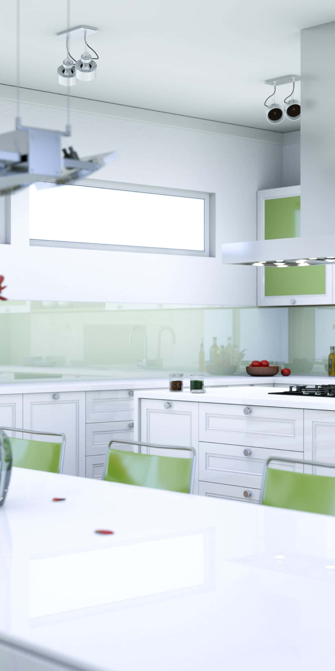 Pixel 3 Kitchen 桌布 壁紙 — 一個明亮的現代廚房，配有白色櫥櫃和充滿活力的綠色點綴，下方是時尚的吊燈。